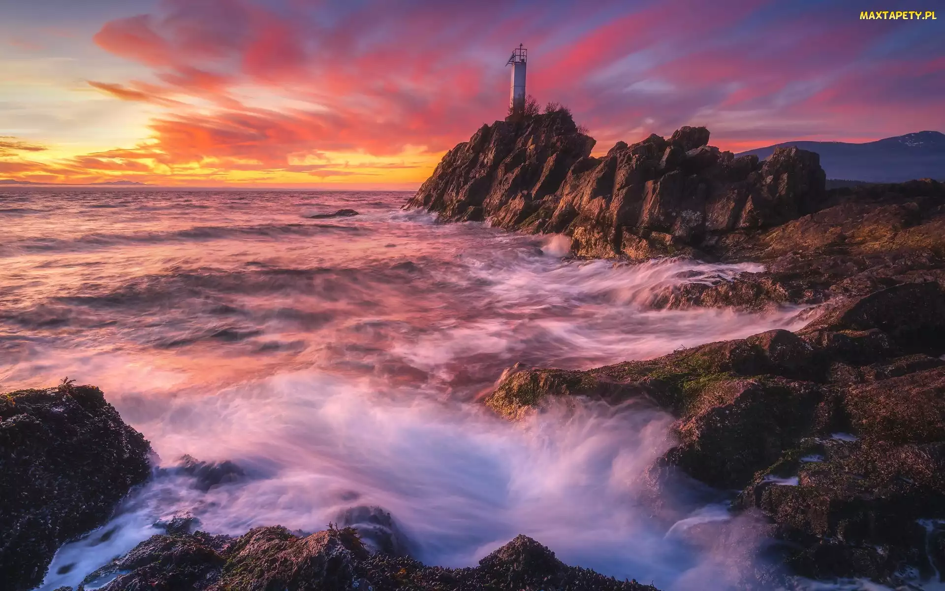 Kanada, Zachód słońca, Latarnia morska, Morze, Cape Roger Curtis Lighthouse, Skały