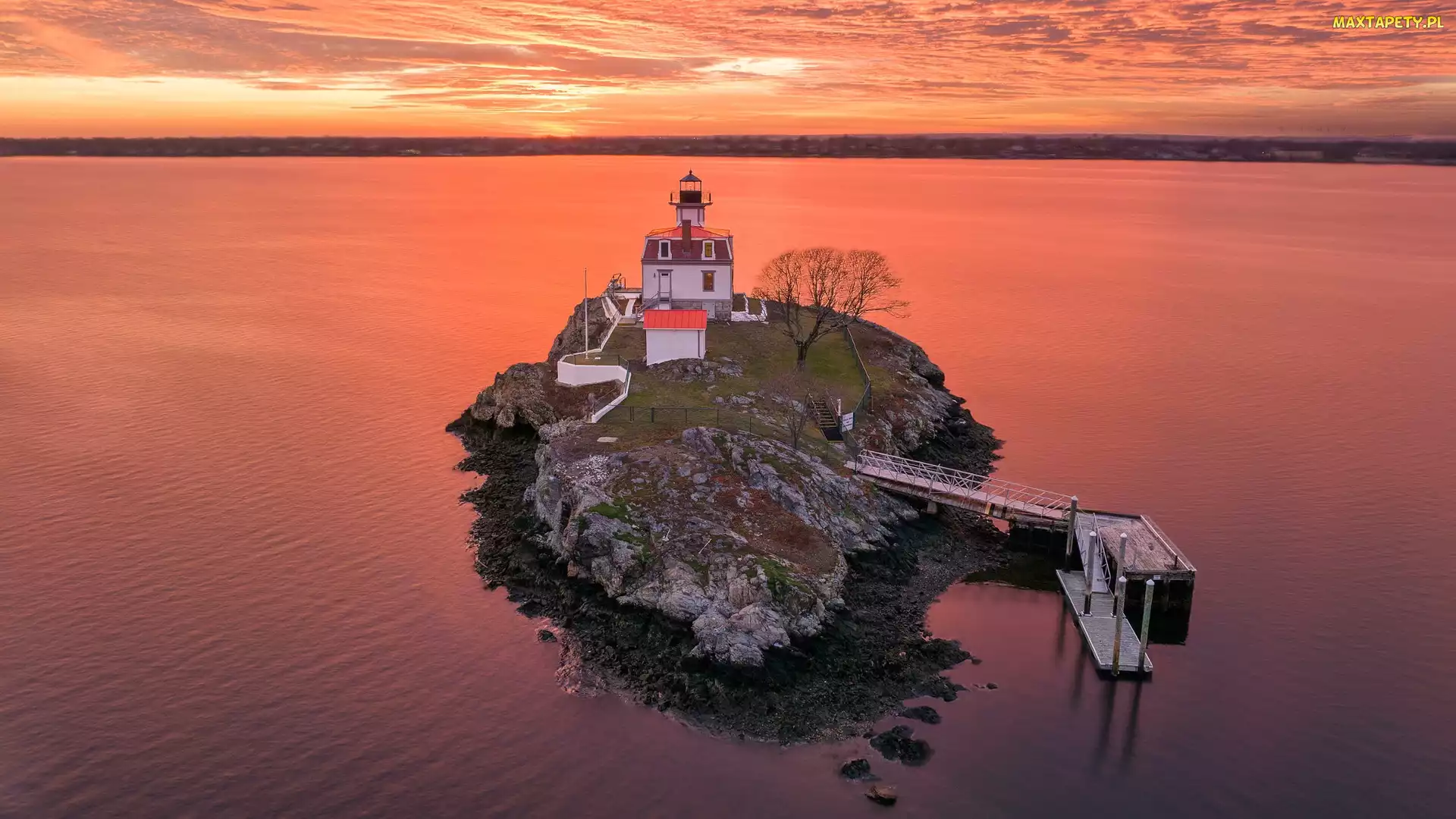 Stany Zjednoczone, Pomham Rocks Light, Skały, Zachód słońca, Latarnia morska, Rzeka Providence, Nowa Anglia, Rhode Island, Wyspa