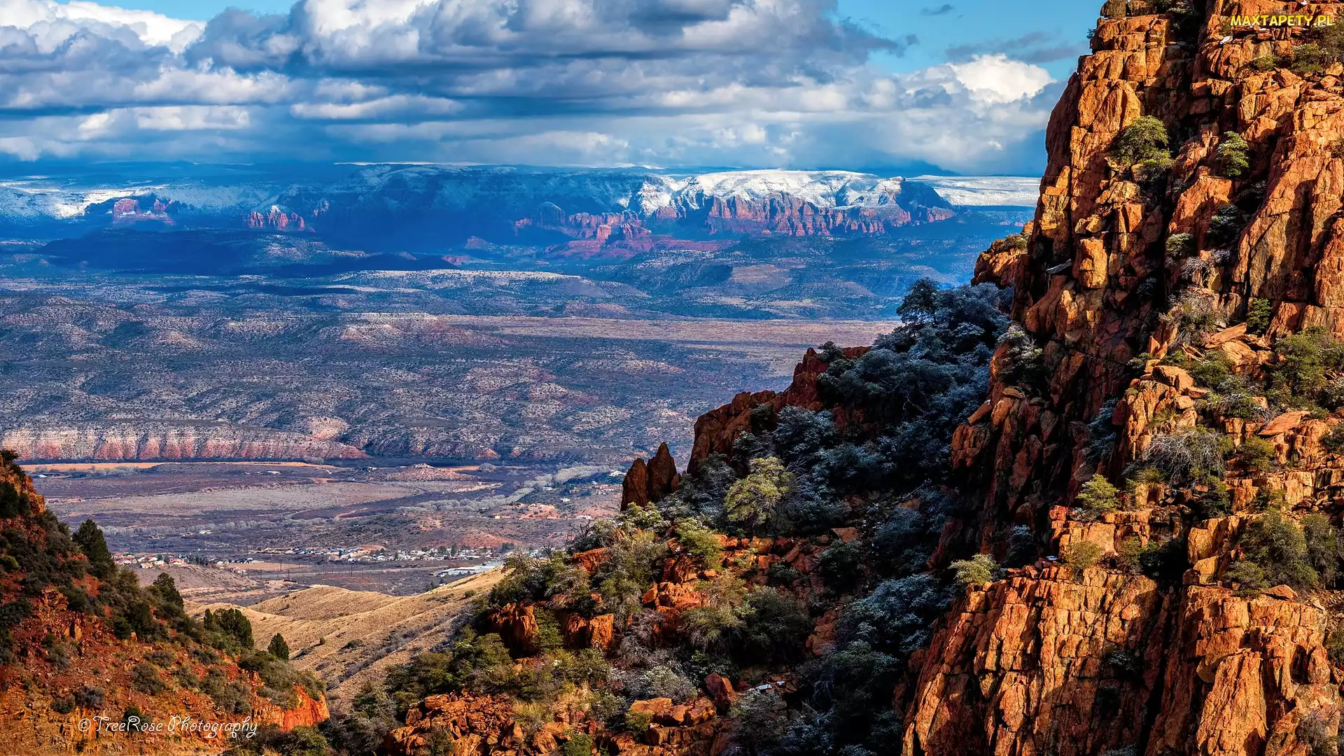 Skały, Arizona, Jerome, Stany Zjednoczone, Sedona, Zachód słońca, Góry, Roślinność, Chmury