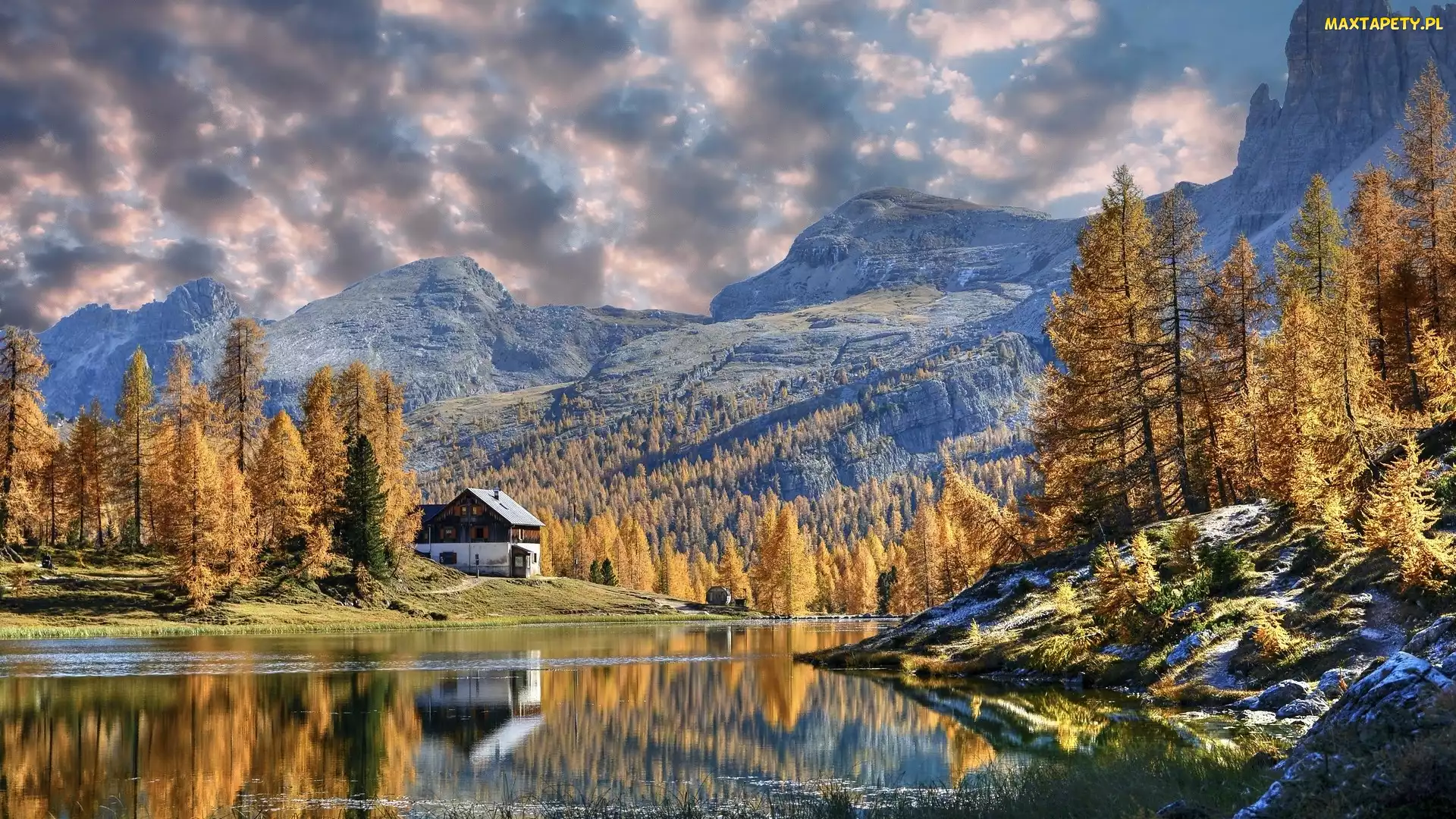 Jesień, Drzewa, Góry, Dom, Modrzewie, Włochy, Dolomity, Odbicie, Schronisko, Jezioro, Lago Federa
