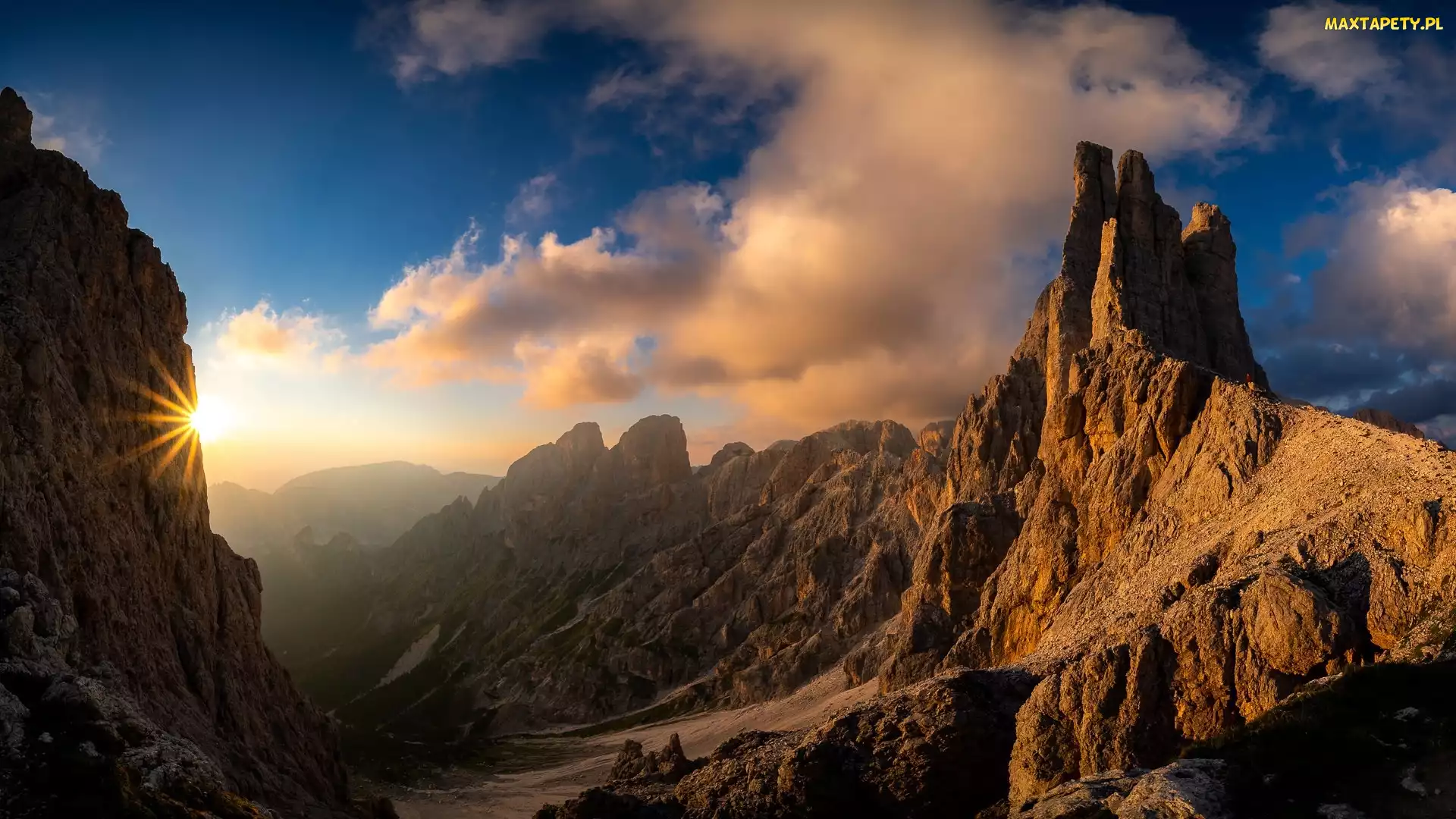 Słońce, Skały, Dolomity, Włochy, Vajolet Towers, Góry, Szczyt