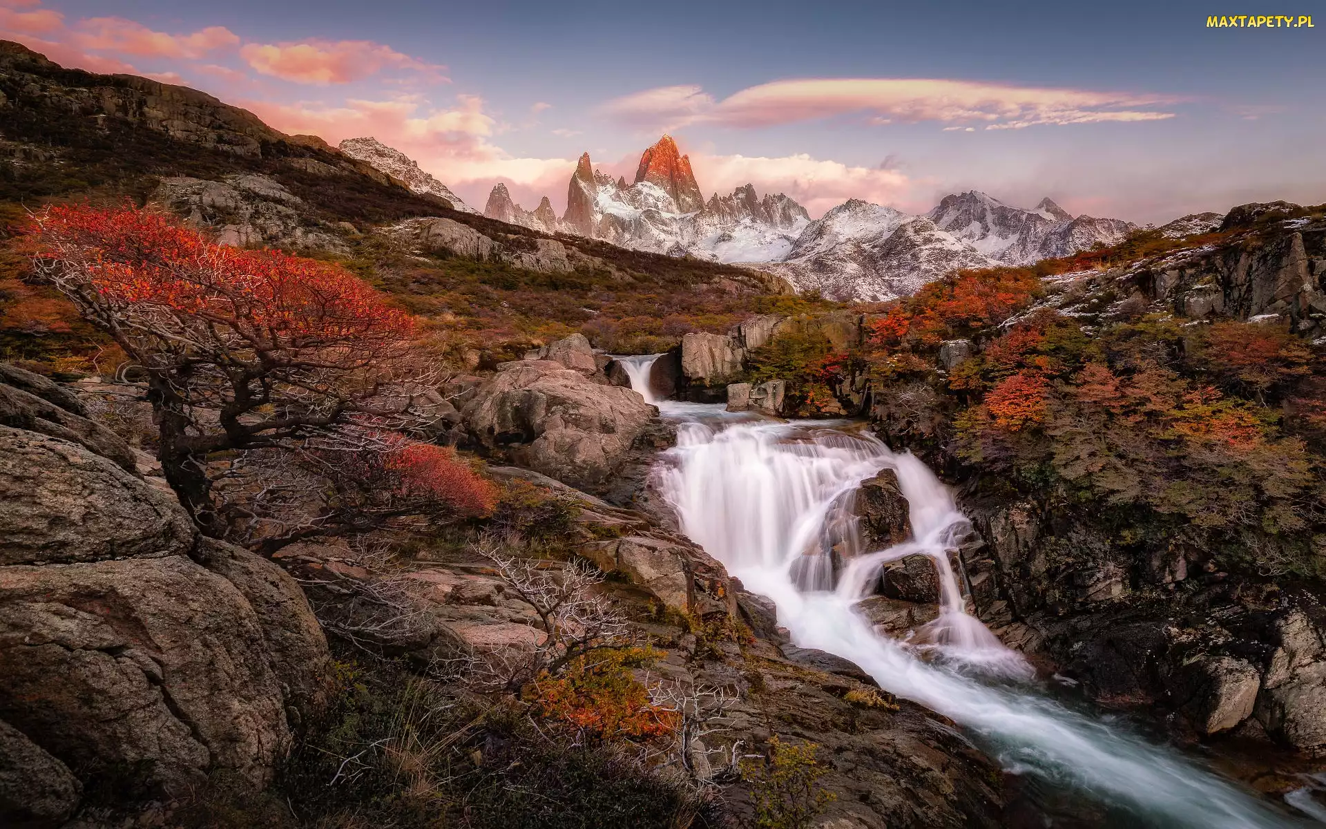 Argentyna, Roślinność, Kaskada, Skały, Jesień, Rzeka, Patagonia, Góra, Fitz Roy