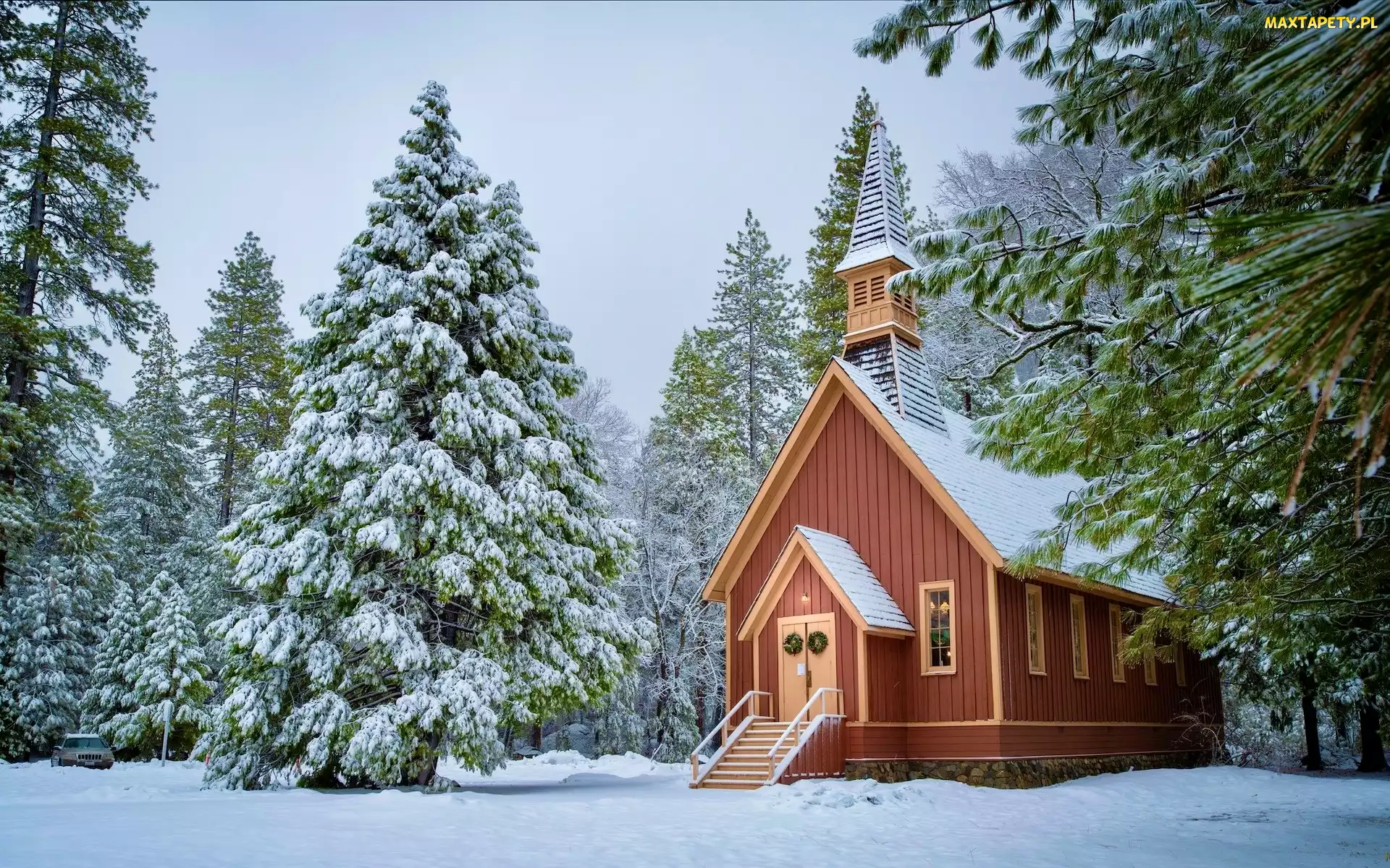Ośnieżone, Drzewa, Kalifornia, Zima, Kościółek, Stany Zjednoczone, Park Narodowy Yosemite