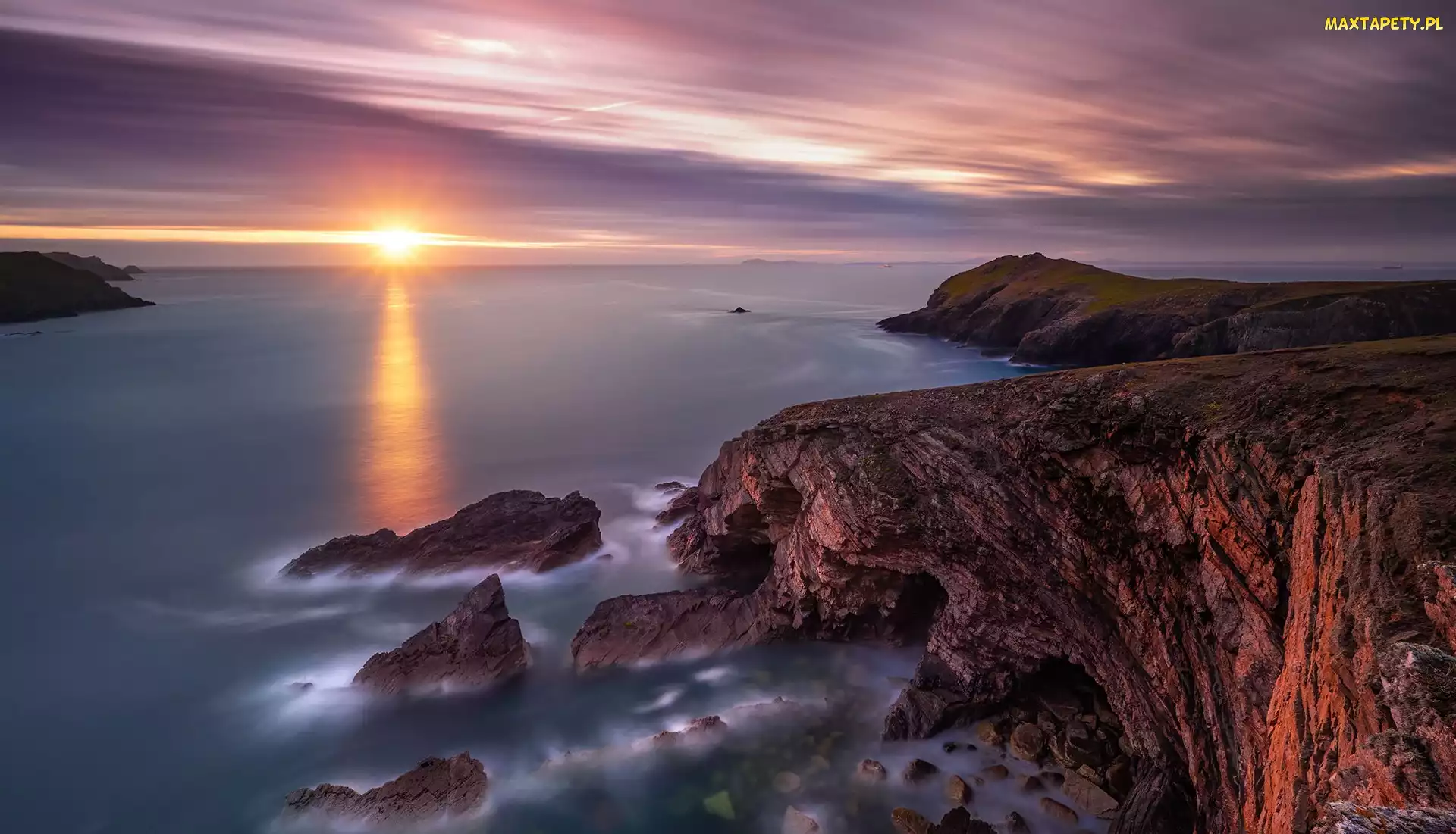 Walia, Park Narodowy Pembrokeshire Coast, Wybrzeże, Morze, Skały, Zachód słońca