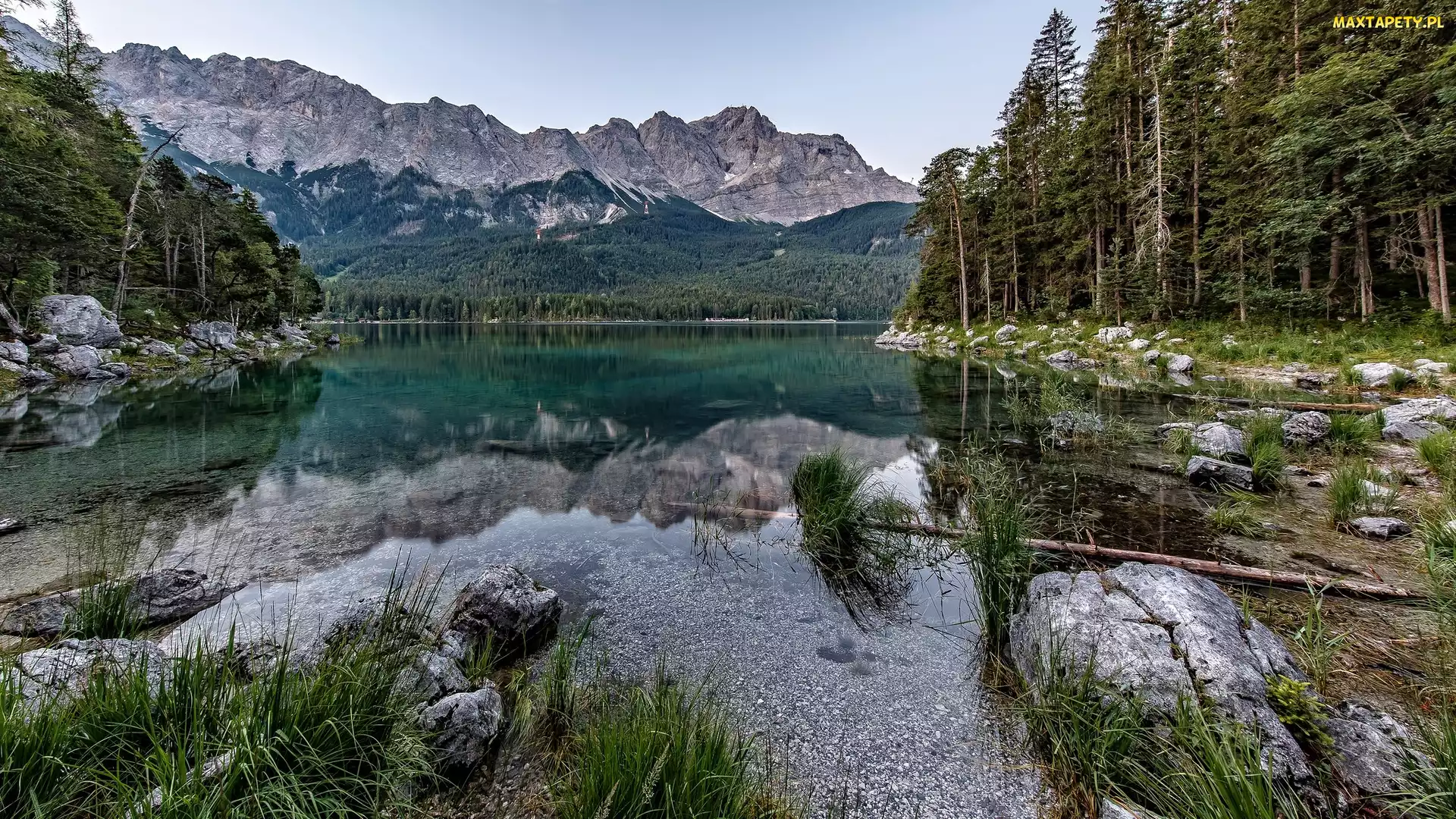 Góry, Bawaria, Drzewa, Niemcy, Odbicie, Eibsee Lake, Alpy Bawarskie, Szczyt Zugspitze, Jezioro