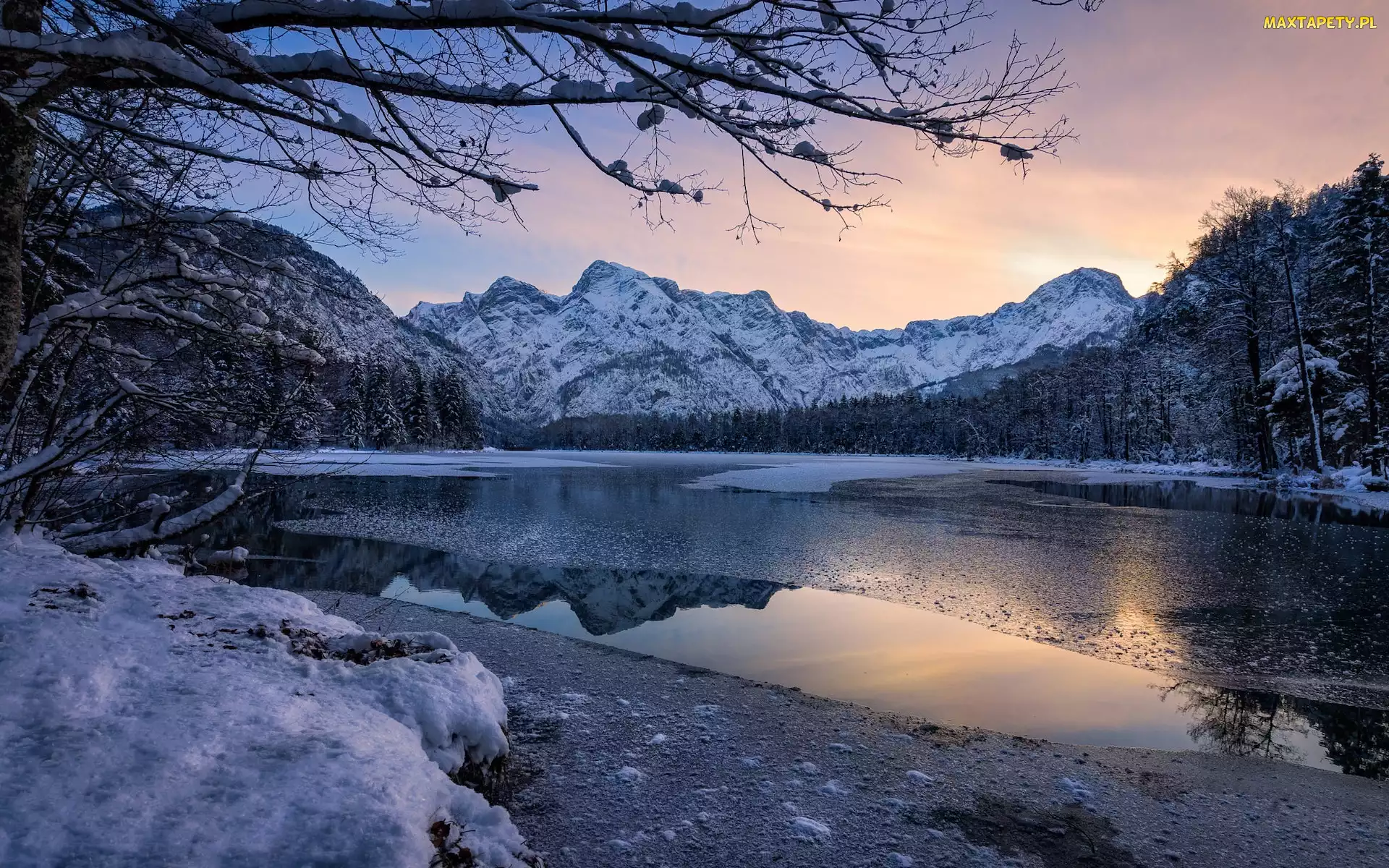 Drzewa, Zima, Góry, Austria, Jezioro, Almsee