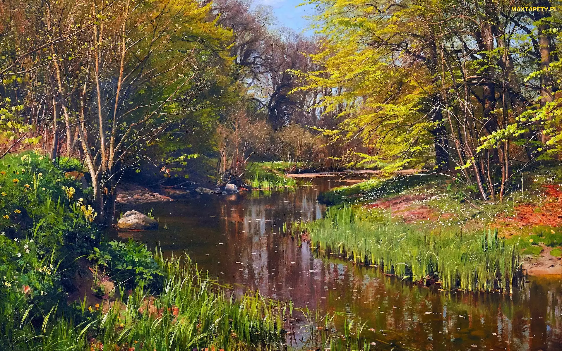 Drzewa, Roślinność, Peder Mork Monsted, Szuwary, Rzeka, Reprodukcja obrazów, Las