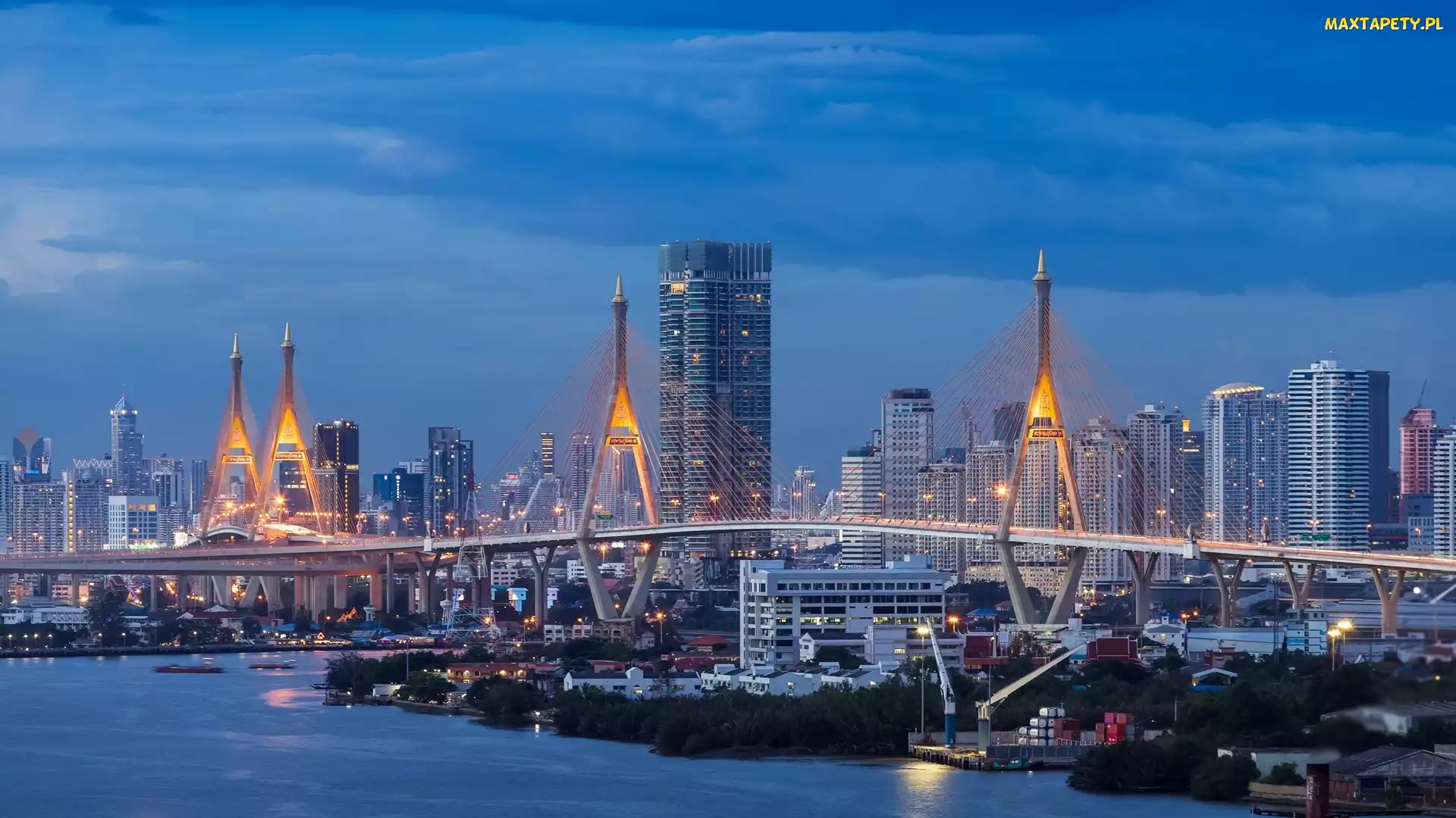 Tajlandia, Statki, Menam, Zmierzch, Wieżowce, Rzeka, Bangkok, Oświetlony, Most
