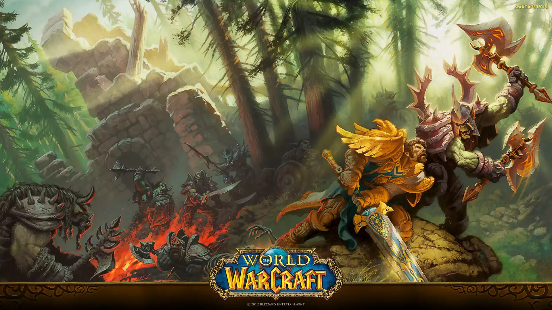 Plakat, Ogień, Ruiny, Walka, Postacie, World of Warcraft, Rycerze, Orki, Gra, Las