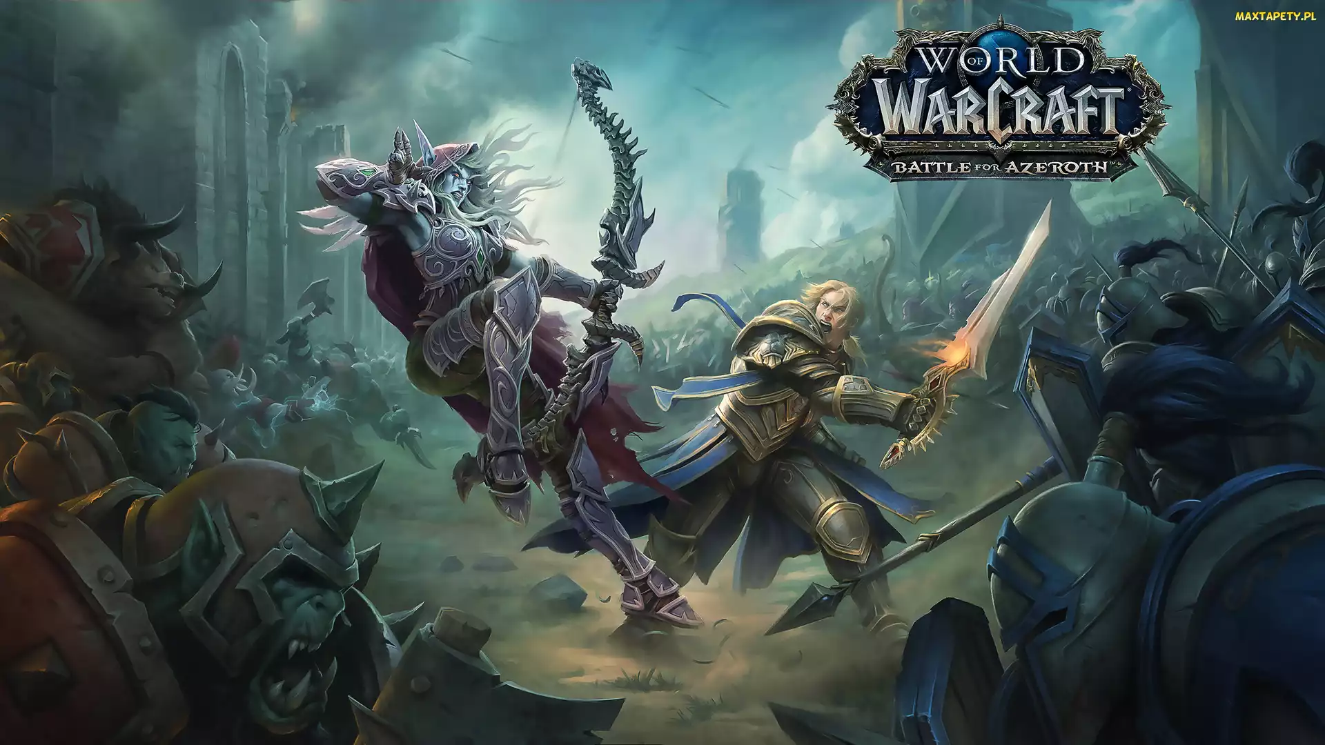 Plakat, Miecz, Łuk, Walka, Postacie, World of Warcraft Battle for Azeroth, Sylvanas Windrunner, Anduin Wrynn, Gra, Rycerze