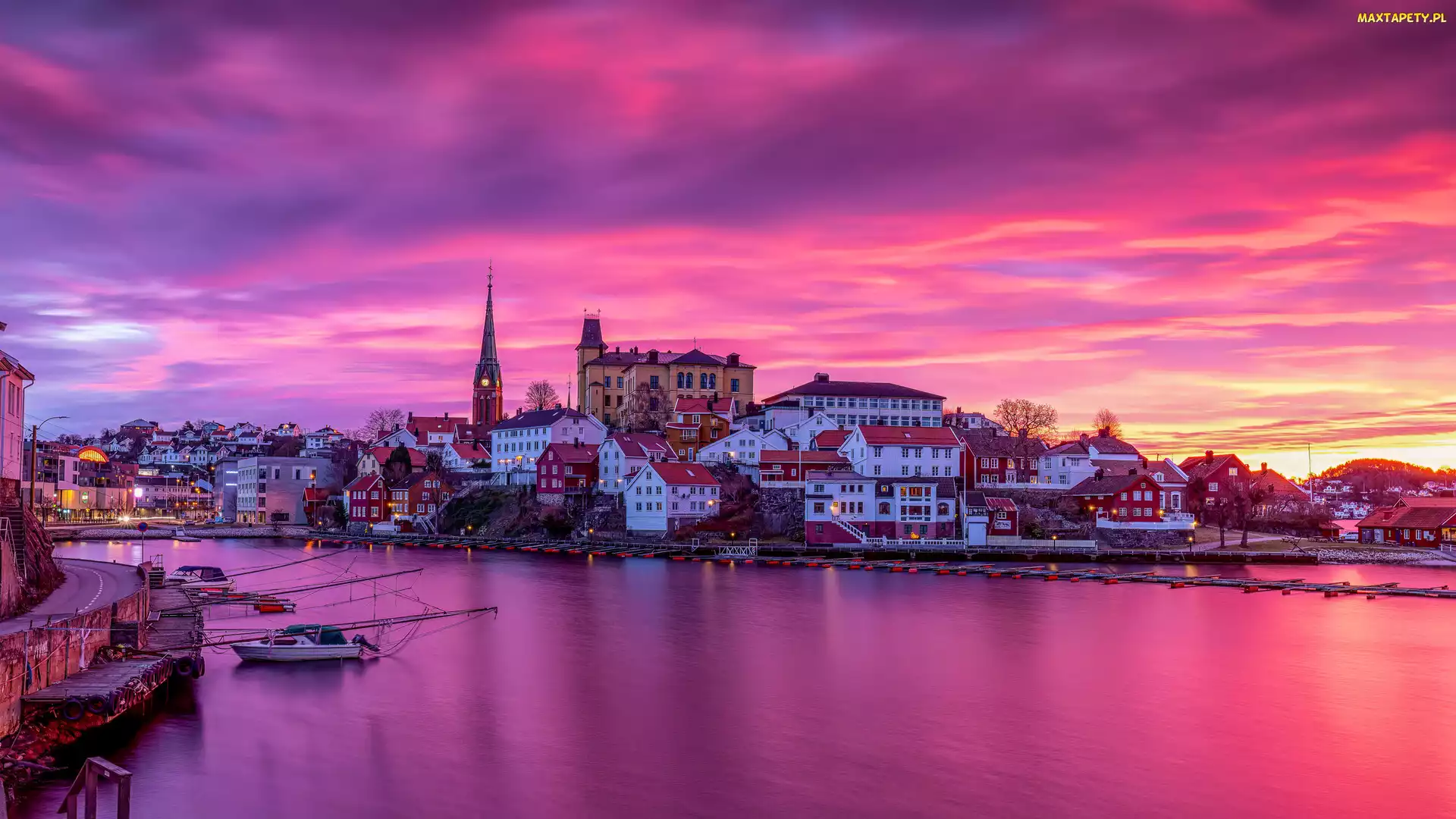 Zachód słońca, Domy, Miasto, Norwegia, Arendal, Wybrzeże