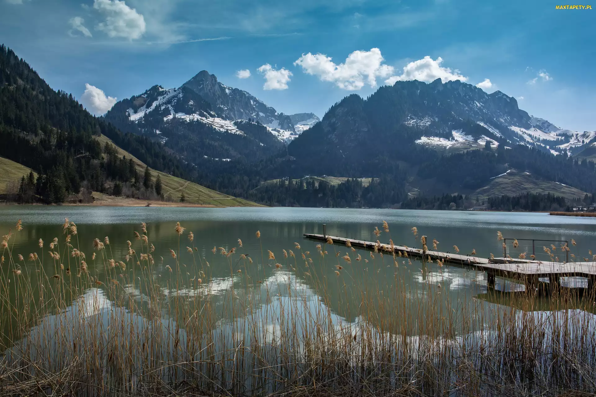 Pomost, Jezioro Schwarzsee, Kanton Fryburg, Szwajcaria, Góry, Alpy