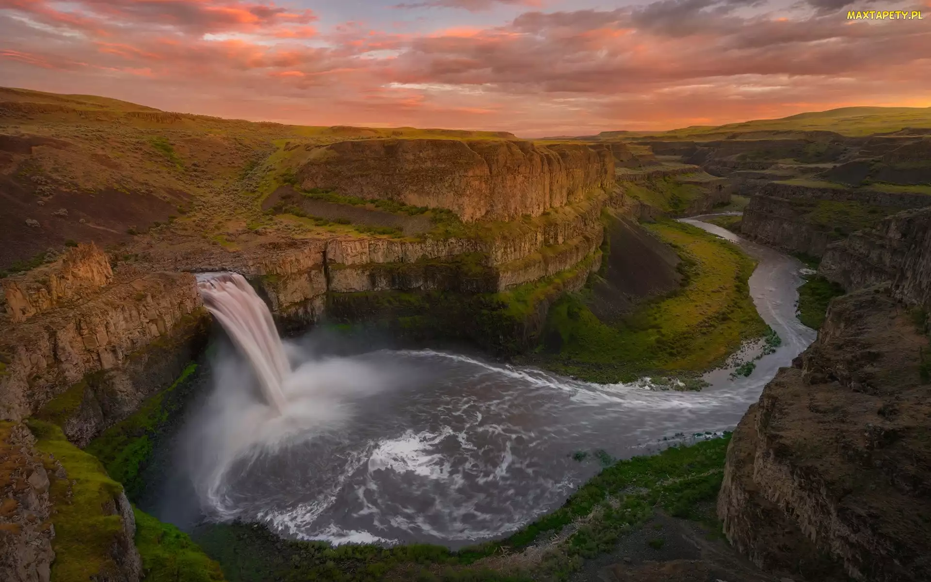 Stany Zjednoczone, Skały, Rzeka, Chmury, Palouse River, Palouse Falls, Stan Waszyngton, Wyżyna Kolumbii, Wodospad