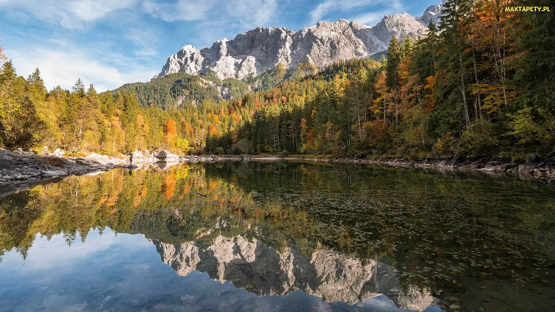 Niemcy, Bawaria, Jezioro Eibsee, Góry, Drzewa, Odbicie