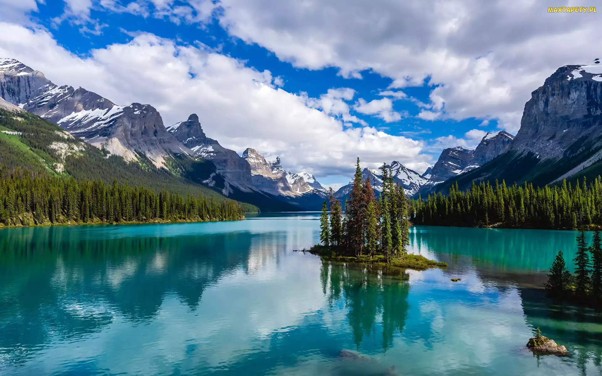 Park Narodowy Jasper, Góry, Kanada, Drzewa, Maligne Lake, Las, Wyspa Spirit Island, Jezioro