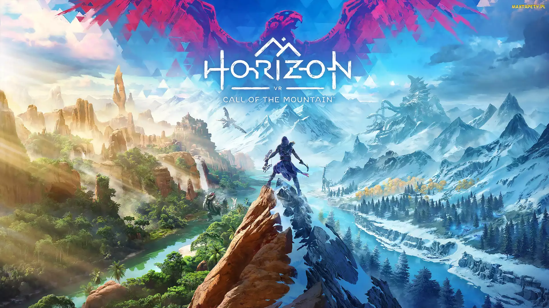 Gra, Postać, Zima, Plakat, Szczyt, Lato, Horizon Call of the Mountain, Góry, Rzeka
