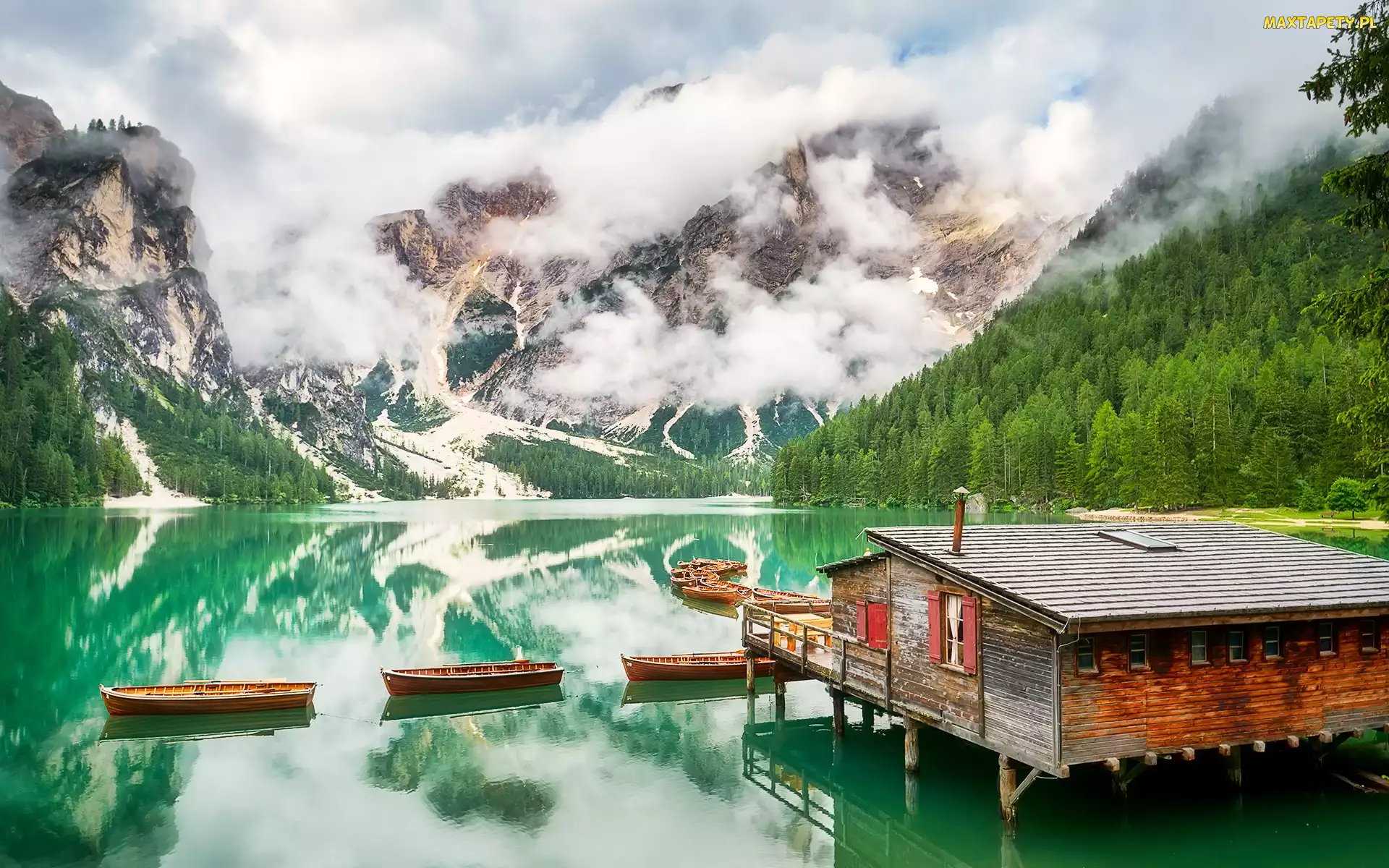 Góry, Dom, Lasy, Drewniany, Mgła, Łódki, Dolomity, Jezioro, Pragser Wildsee