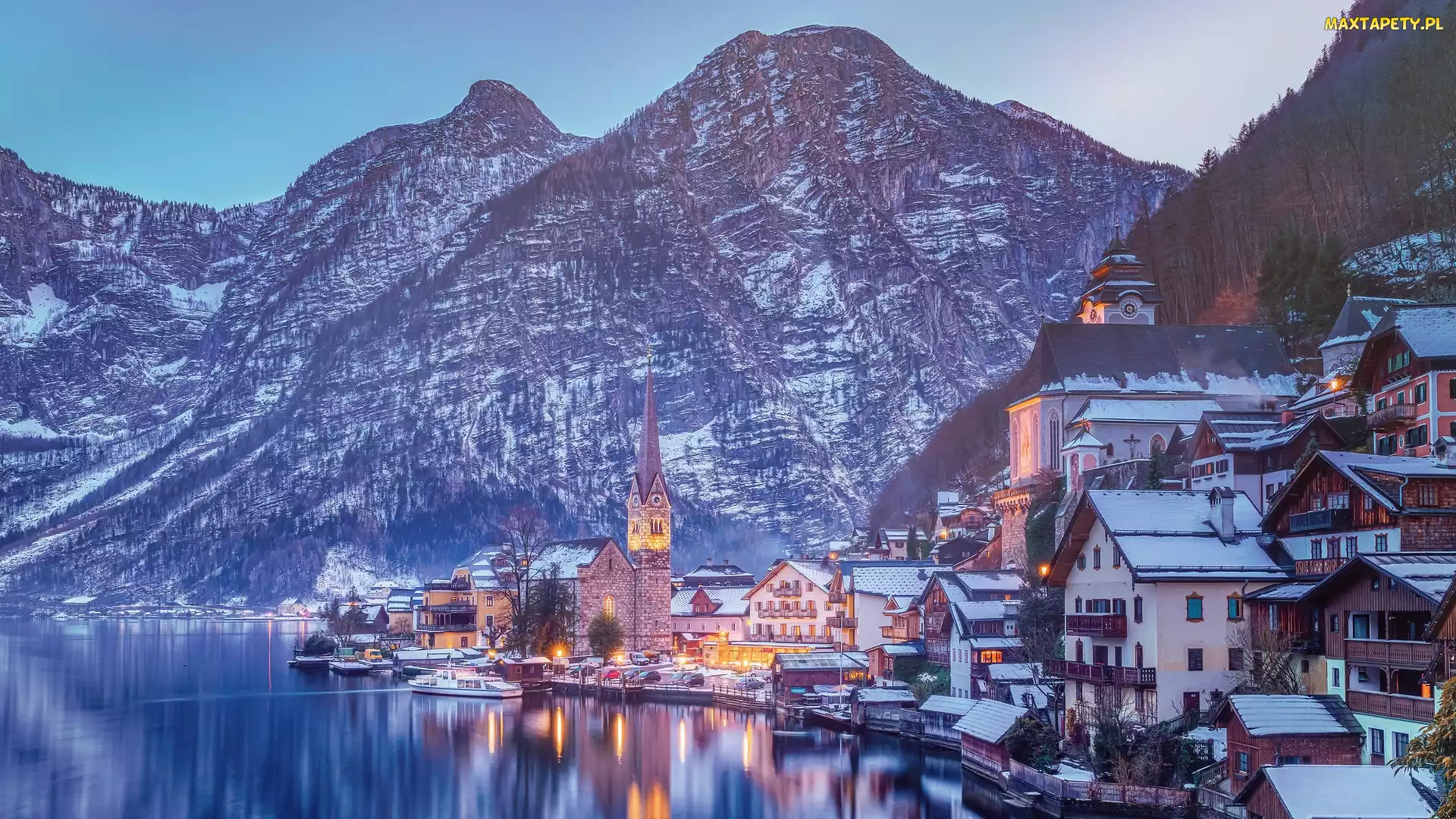Hallstatt, Śnieg, Hallstattersee Lake, Austria, Kościół, Jezioro, Góry
