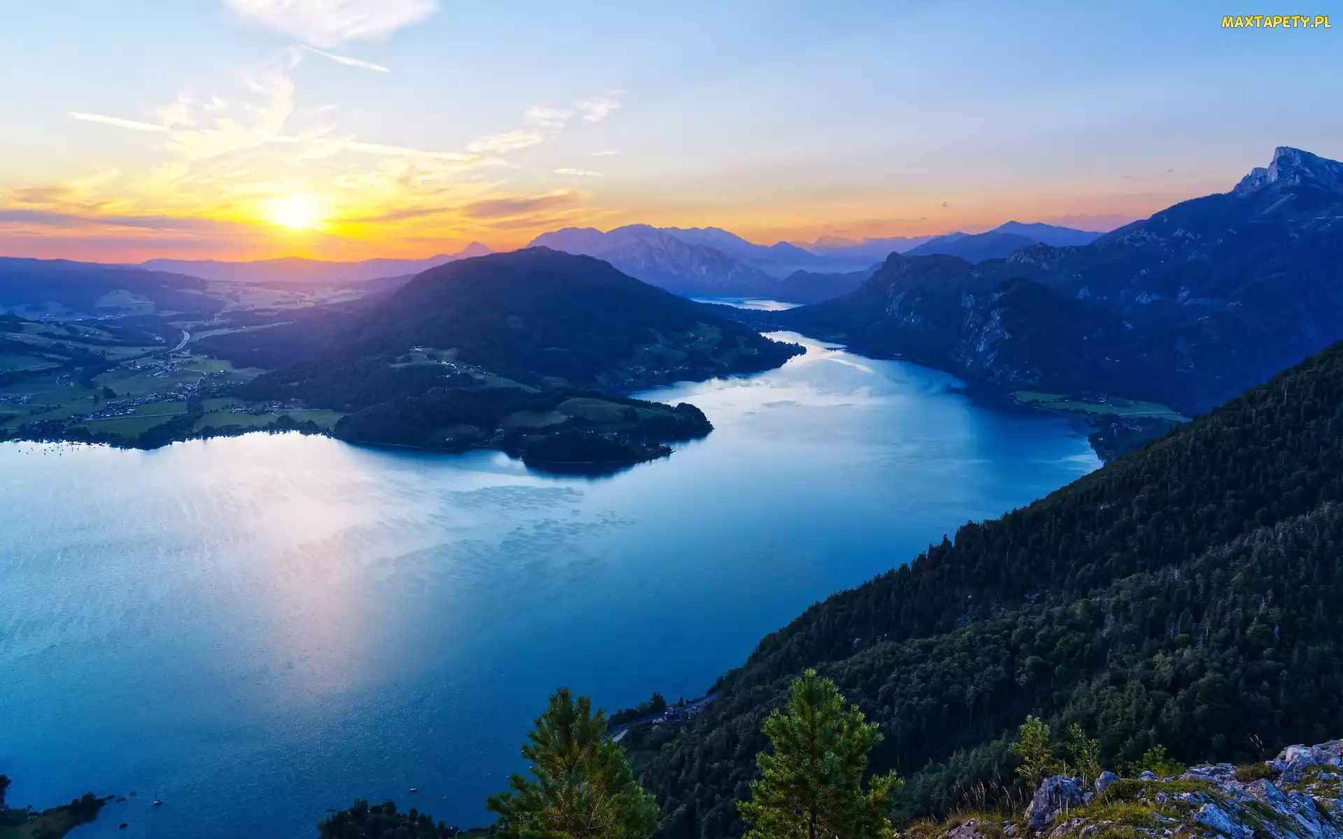 Góry, Wschód słońca, Jezioro Mondsee, Alpy, Austria