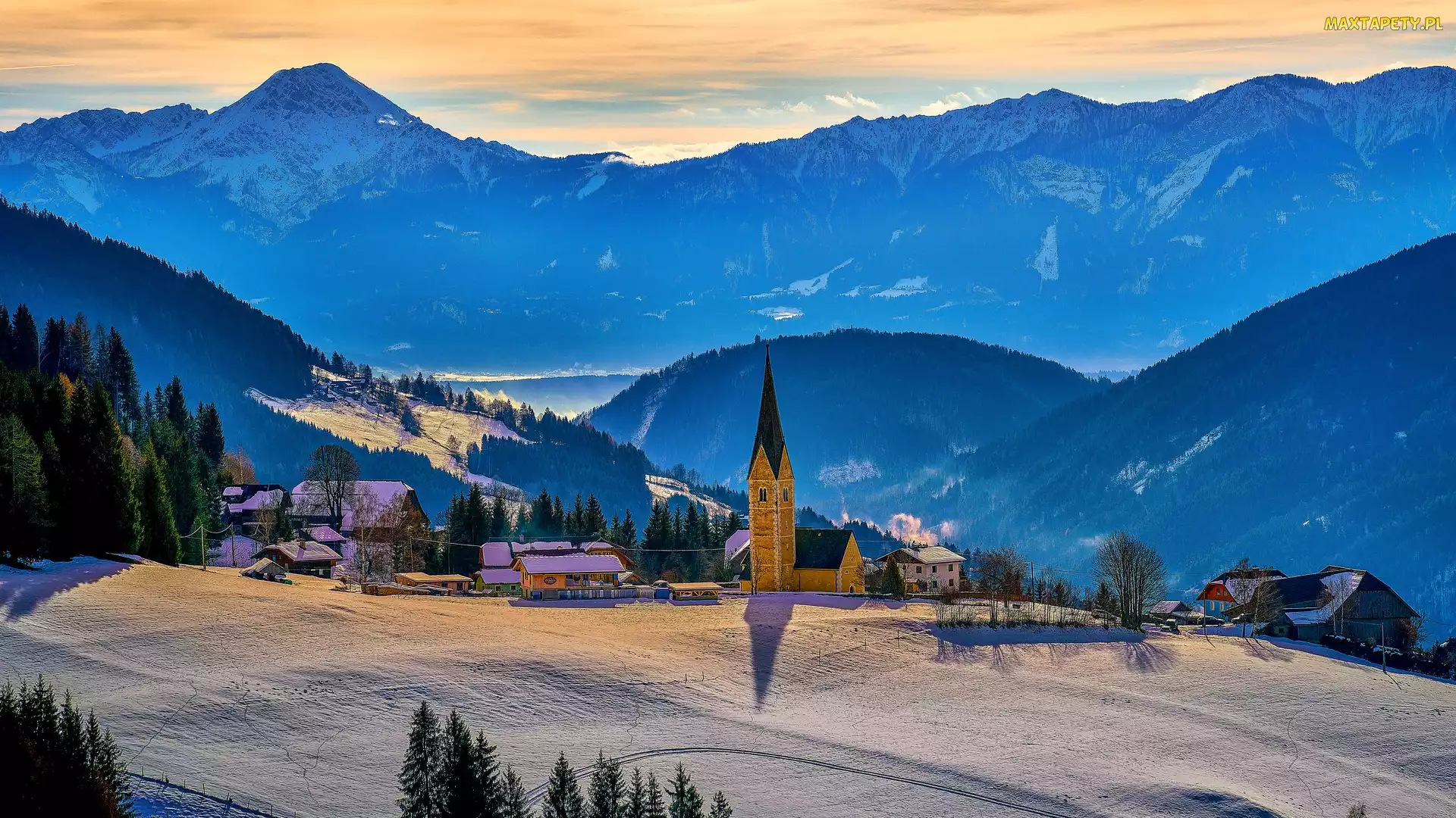 Domy, Kościół, Karyntia, Austria, Góry, Zima