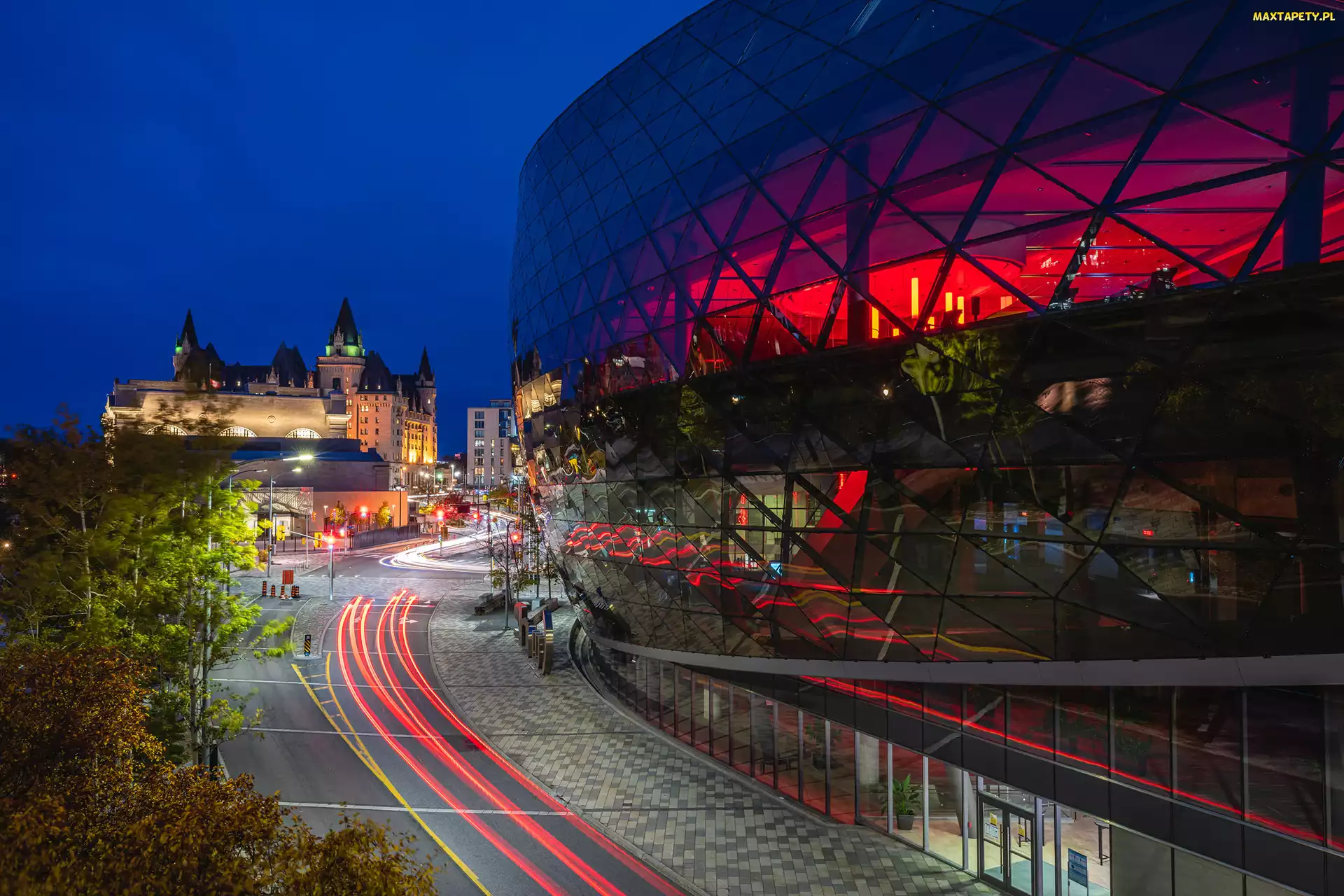 Kanada, Światło, Shaw Centre, Wieczór, Centrum Kongresowe, Domy, Ottawa, Ulica, Droga