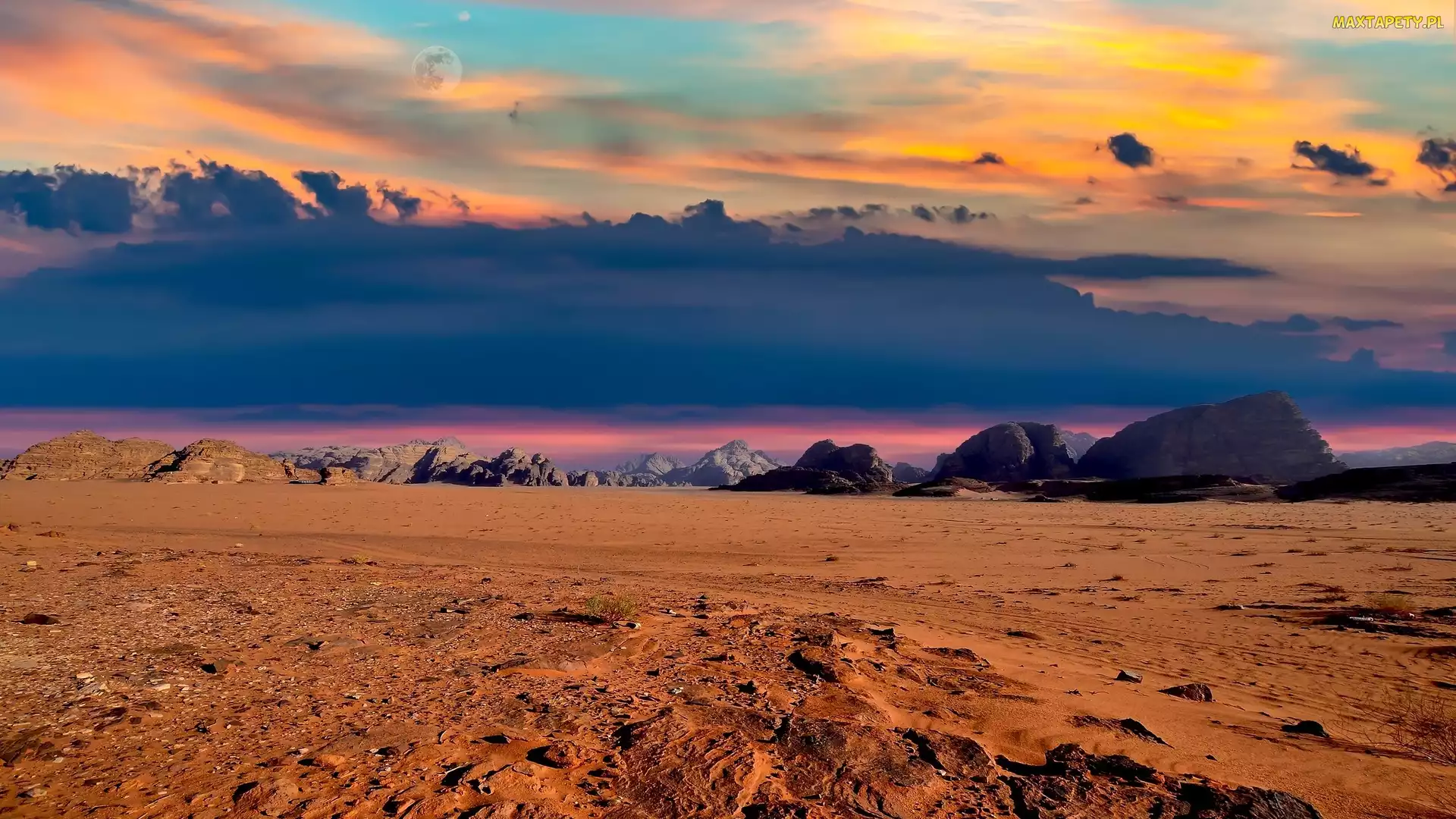 Wadi Rum Reserve, Dolina, Niebo, Jordania, Piasek, Kolorowe, Skały