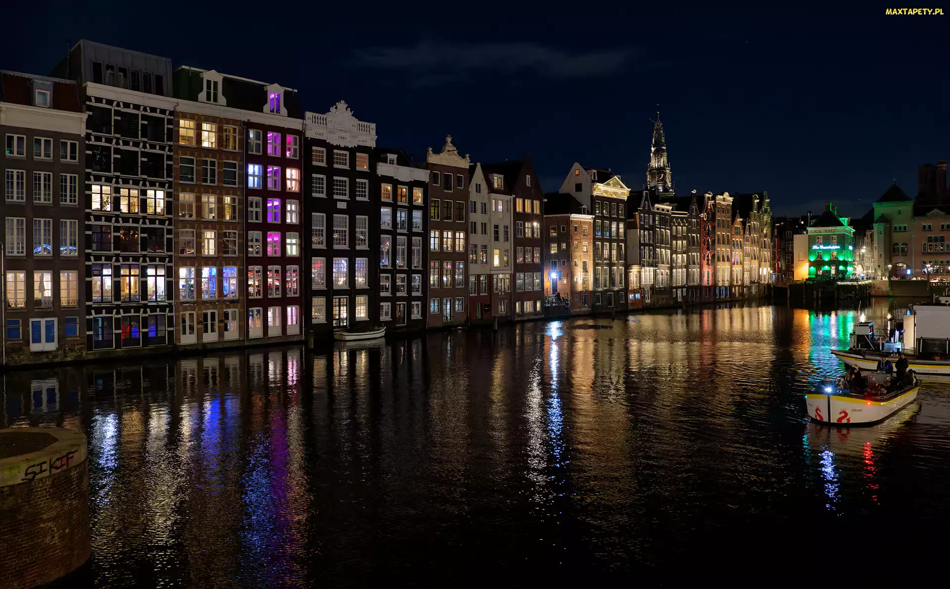 Światła, Noc, Amsterdam, Holandia, Kanał wodny, Domy