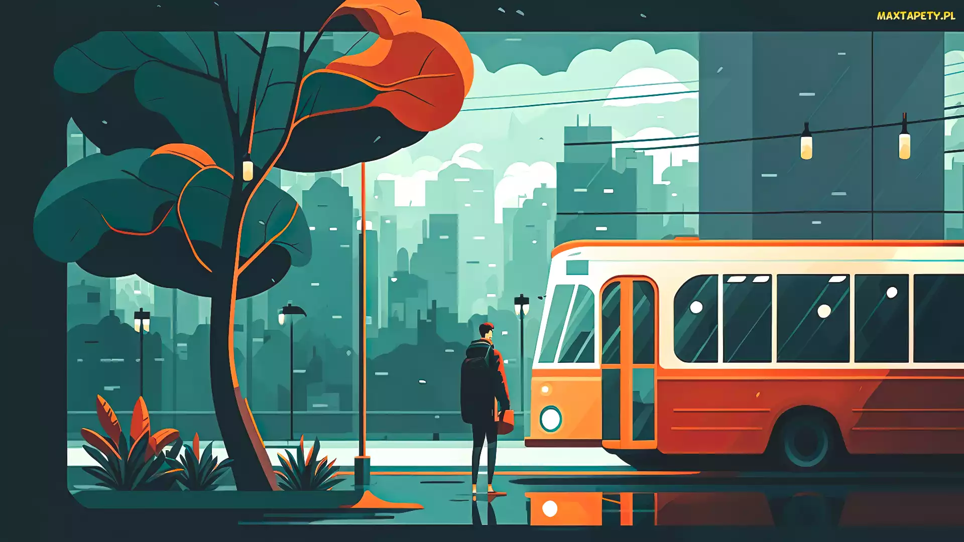 Grafika, Autobus, Przystanek, Mężczyzna, Domy, Ulica, Drzewa, Latarnie, Miasto, Rośliny