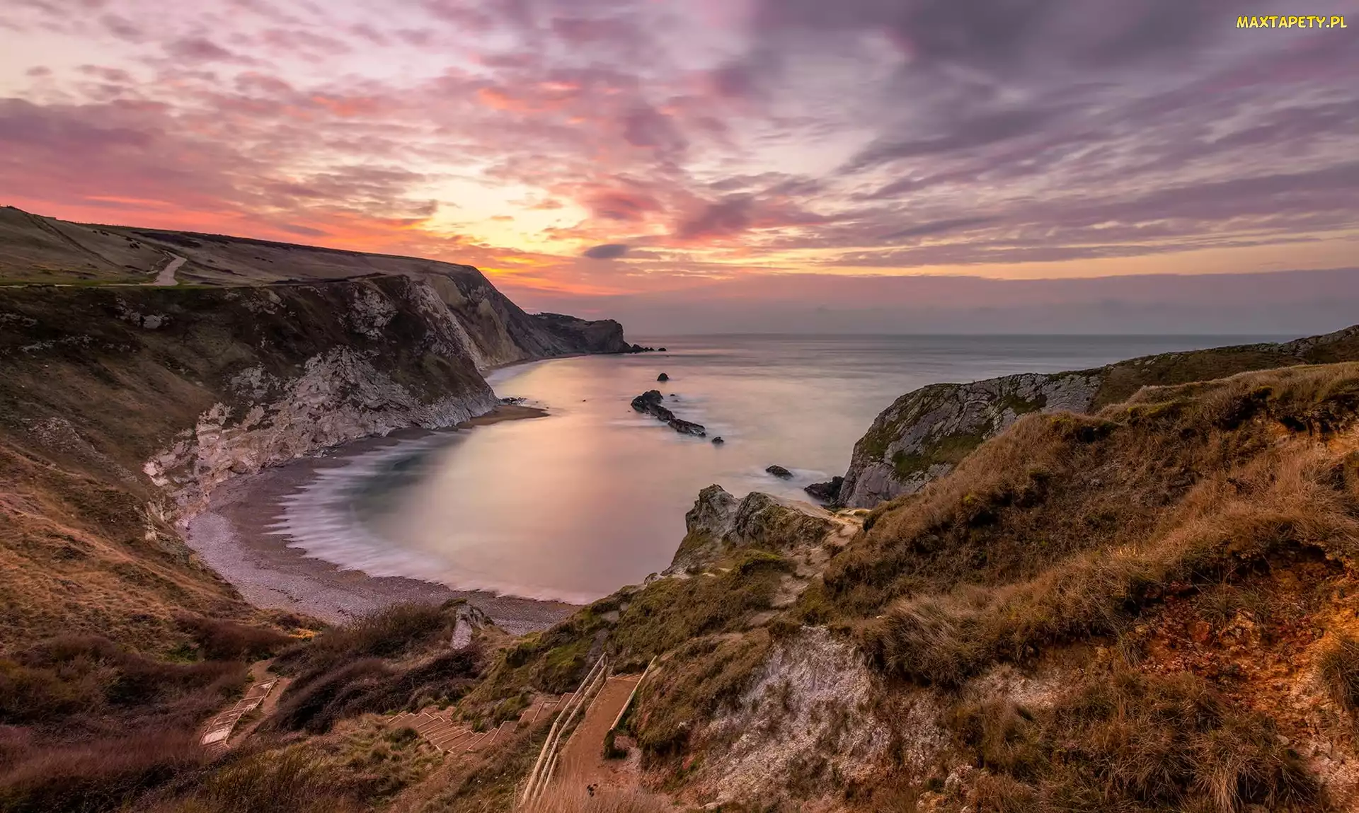 Morze, Hrabstwo Dorset, Zachód słońca, Anglia, Chmury, Man OWar Beach, Wybrzeże, Zatoka, Plaża