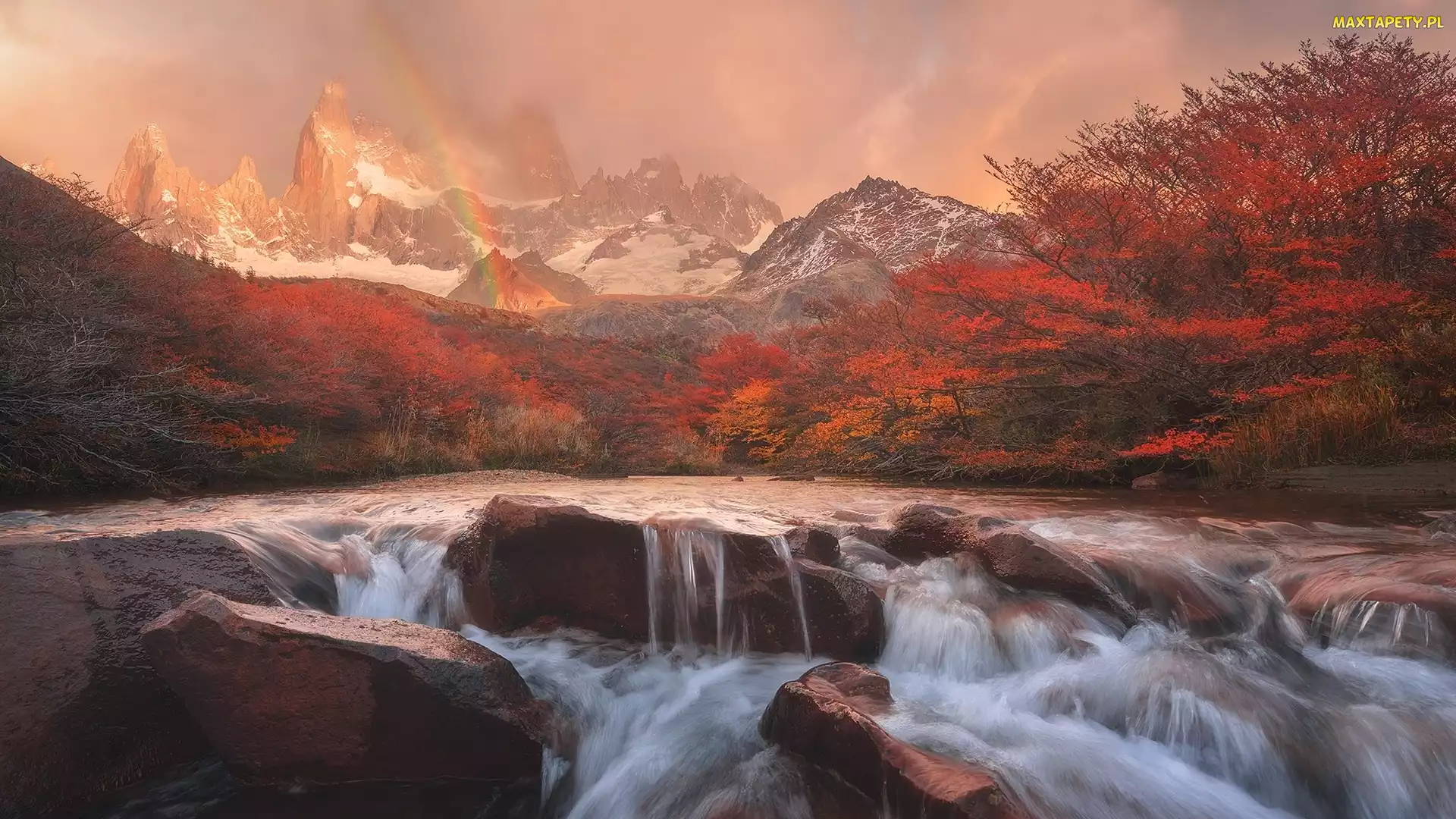 Argentyna, Rzeka, Głazy, Park Narodowy Los Glaciares, Tęcza, Góry Andy, Czerwone, Drzewa, Jesień, Kamienie