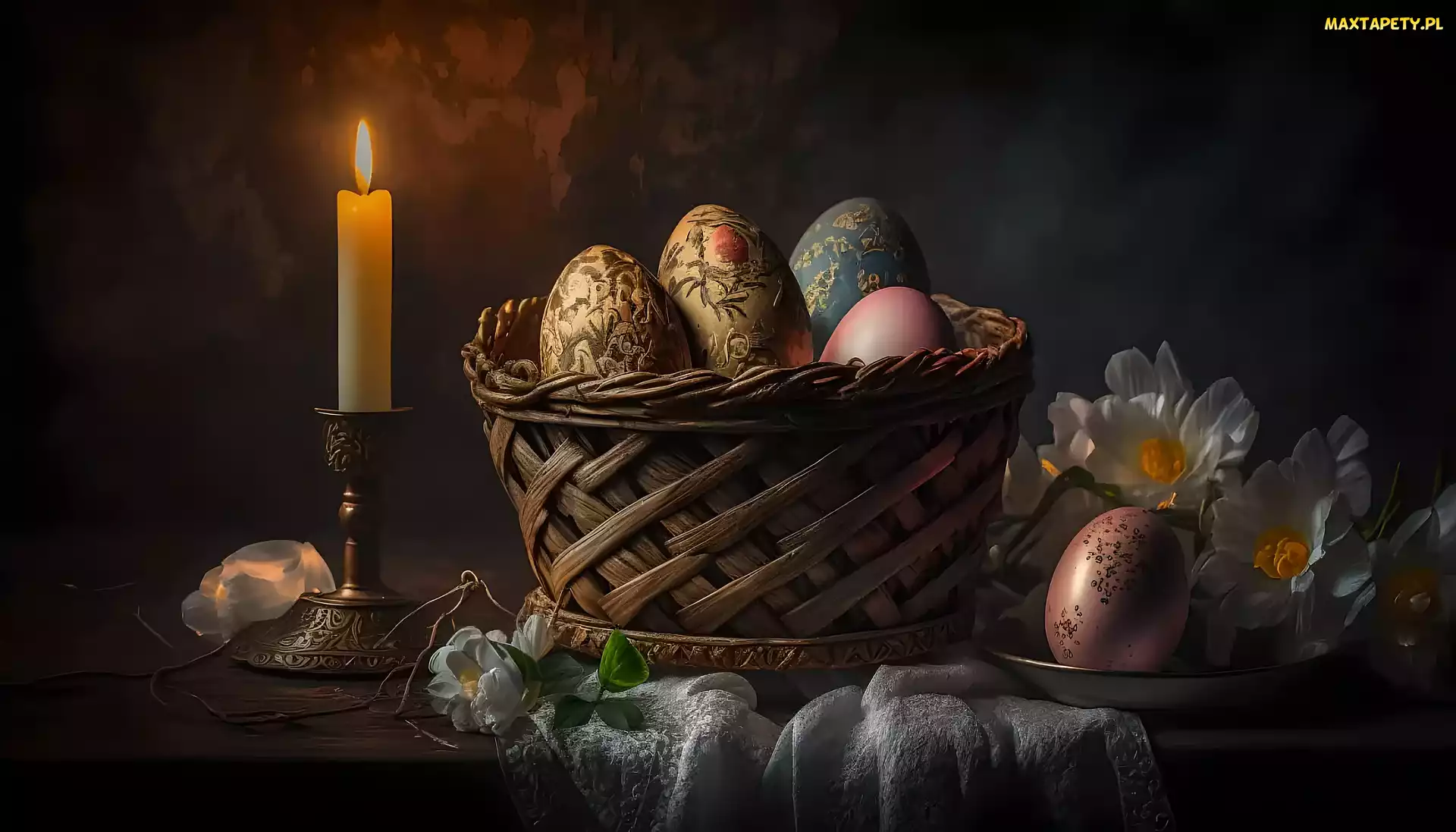 Świeczka, Wielkanoc, Ciemne tło, Pisanki, Koszyk