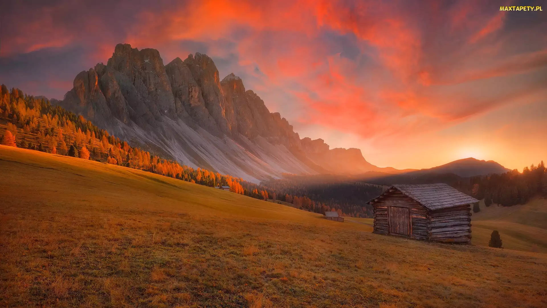 Włochy, Drewniany, Seiser Alm, Jesień, Dom, Płaskowyż, POłudniowy Tyrol, Góry, Dolomity