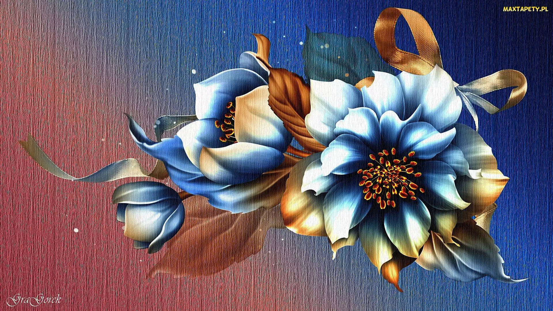Grafika, Tasiemka, Niebieskie, Kwiaty