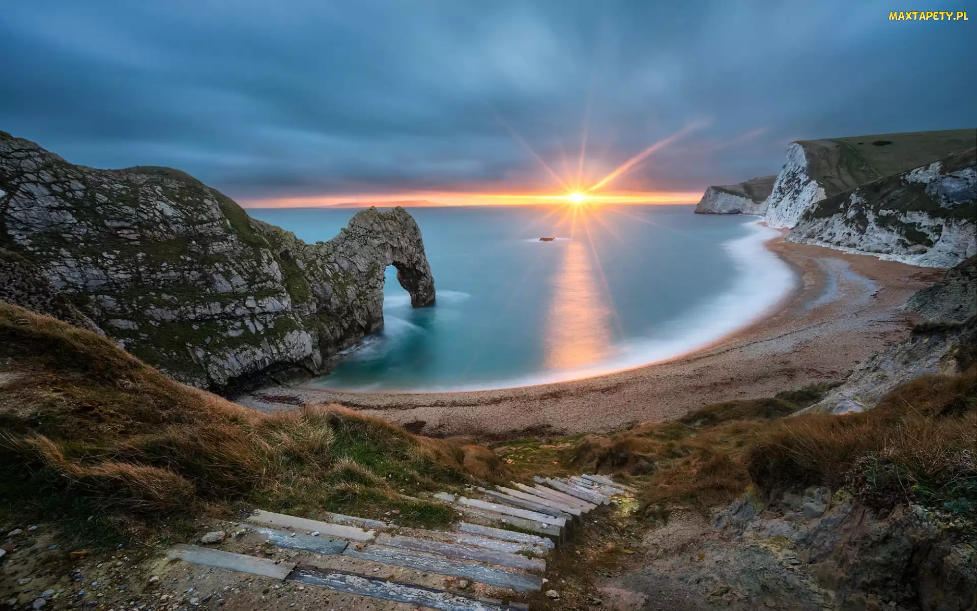 Hrabstwo Dorset, Plaża, Anglia, Wybrzeże Jurajskie, Skały, Morze, Durdle Door, Schody