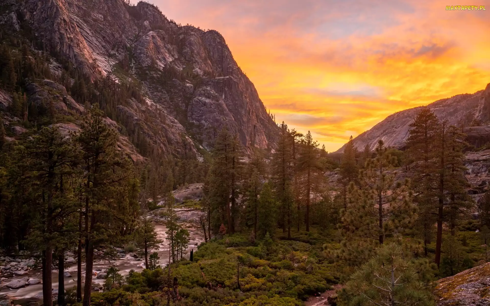 Park Narodowy Yosemite, Kalifornia, Wielki Kanion Tuolumne, Stany Zjednoczone, Zachód słońca, Drzewa, Rzeka Tuolumne, Góry, Skały