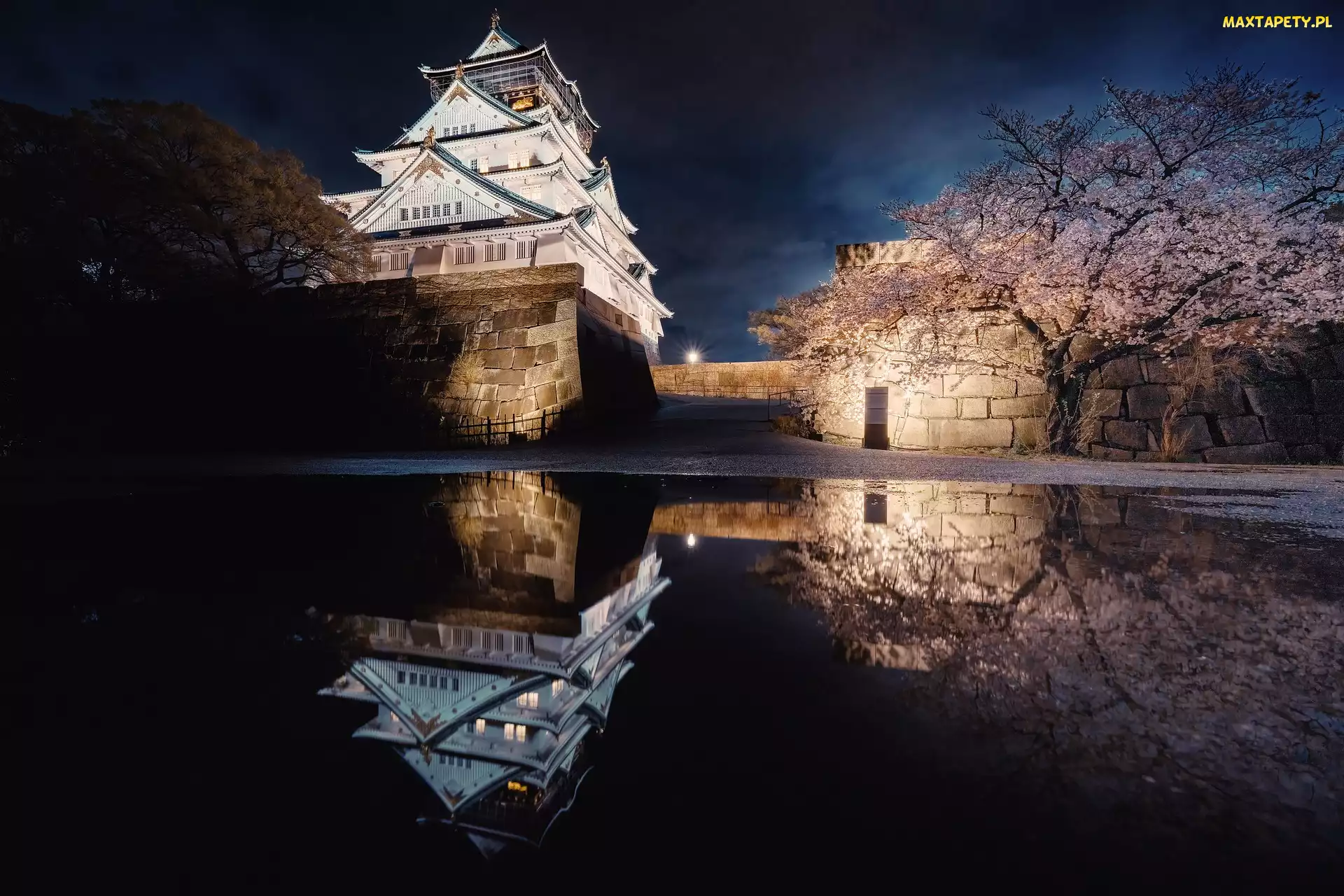 Miasto Osaka, Mur, Zamek Osaka, Japonia, Drzewo, Oświetlony, Brokatowy Zamek