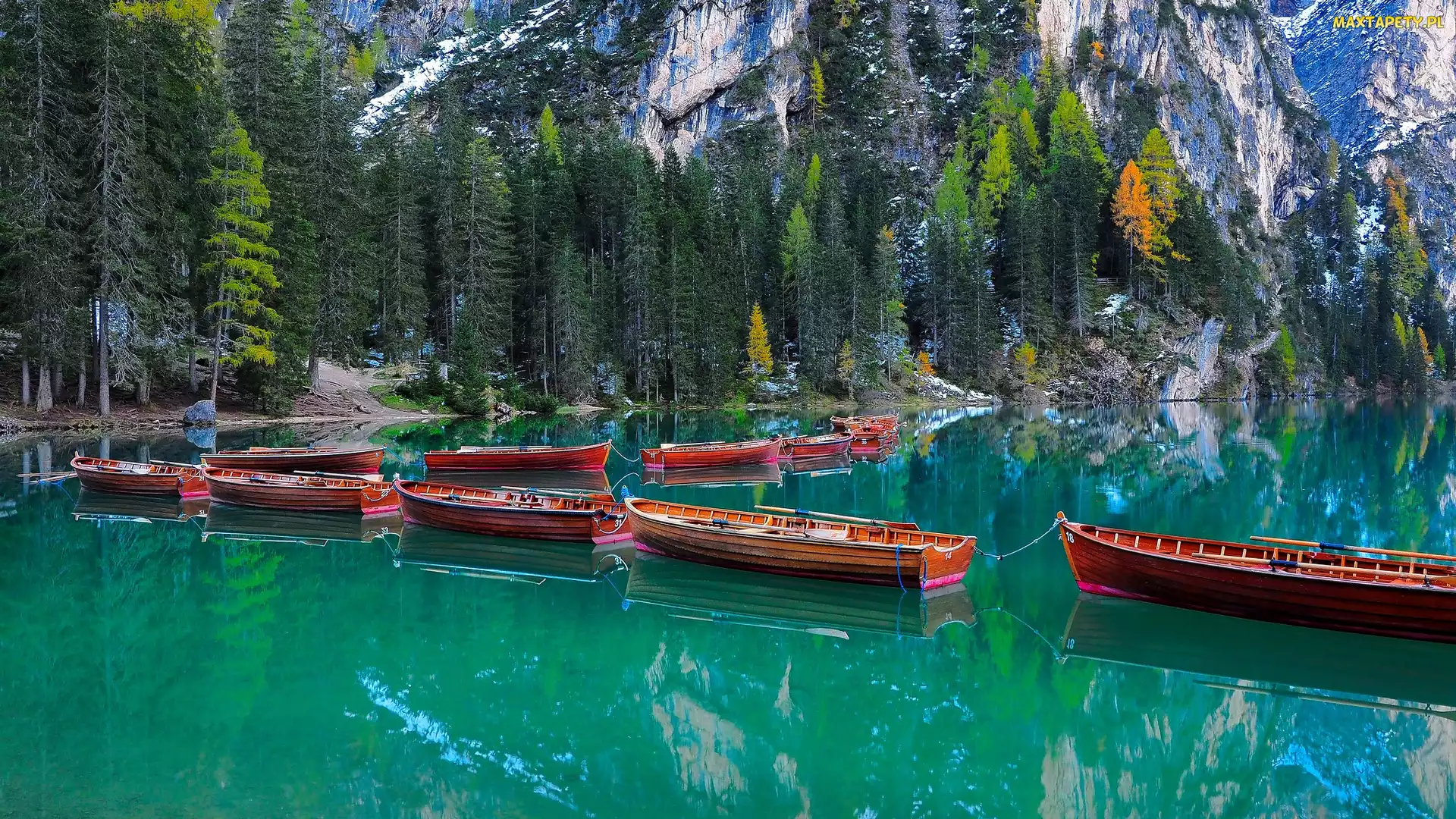 Łodzie, Drzewa, Jezioro, Włochy, Pragser Wildsee, Skały