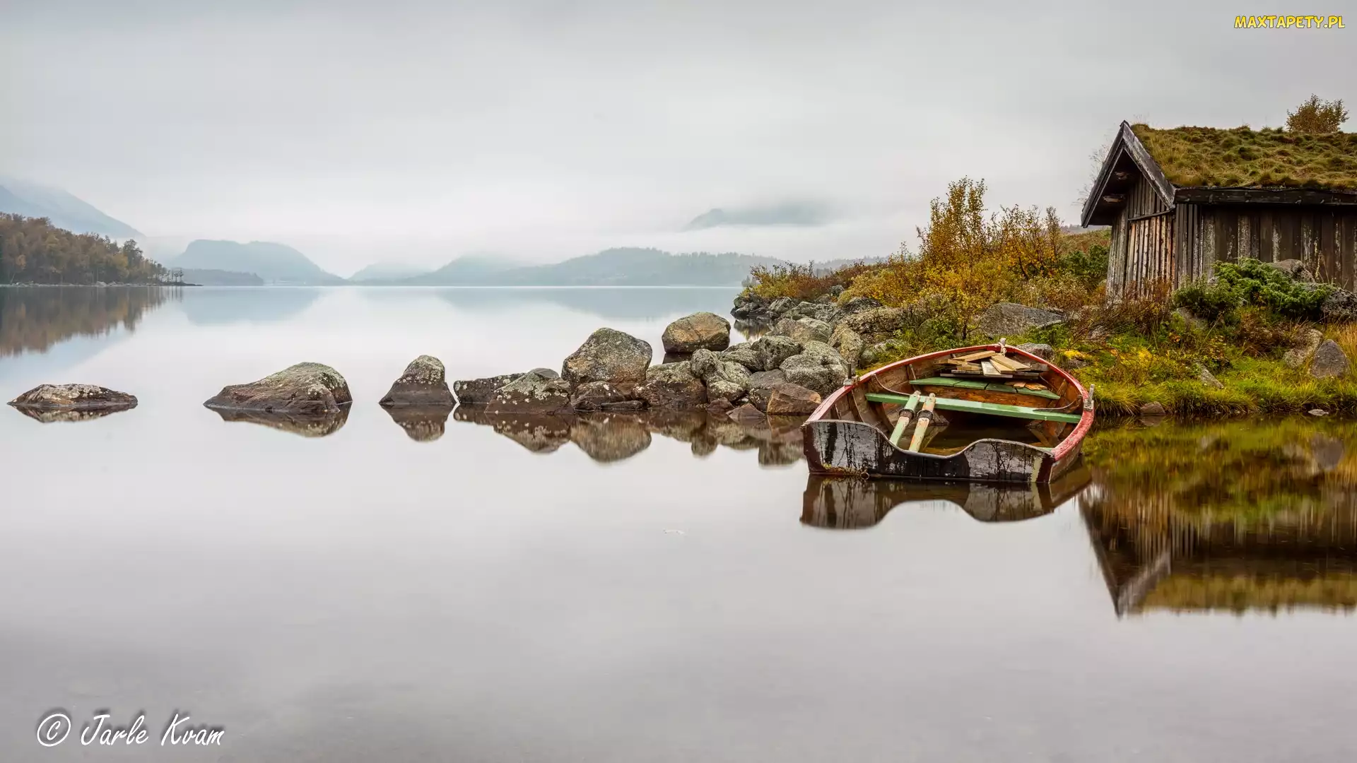 Skjolden, Jezioro Mosvatnet, Kamienie, Norwegia, Dom, Łódka, Drewniany