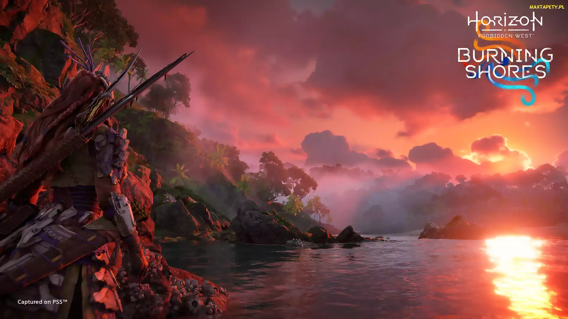 Horizon Forbidden West, Zachód, Palmy, Plakat, Słońce, Wyspa, Burning Shores, Postać, Aloy