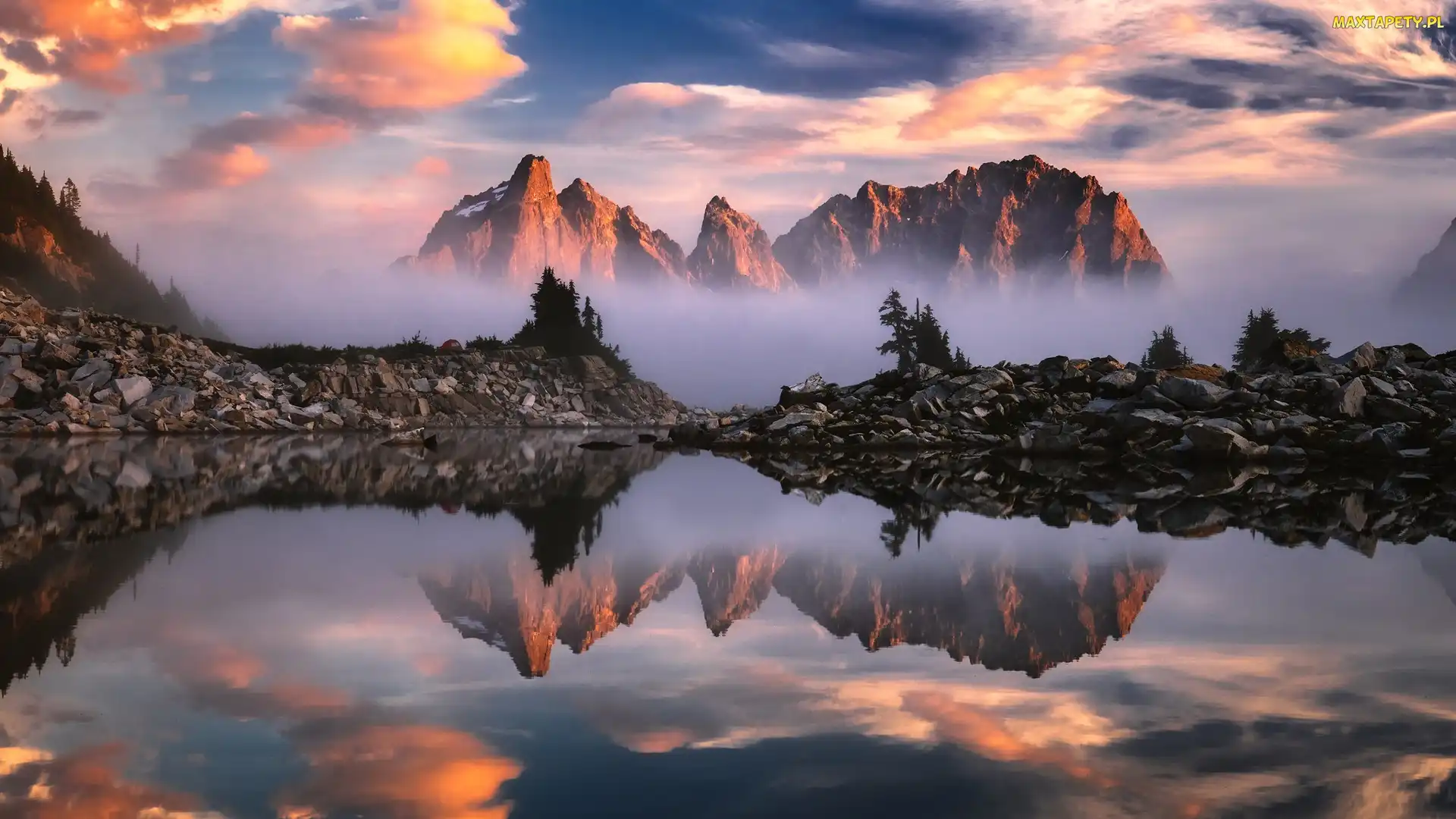 Jezioro, Kamienie, Góry, Mgła, Stan Waszyngton, Alpine Lake, Stany Zjednoczone, Odbicie