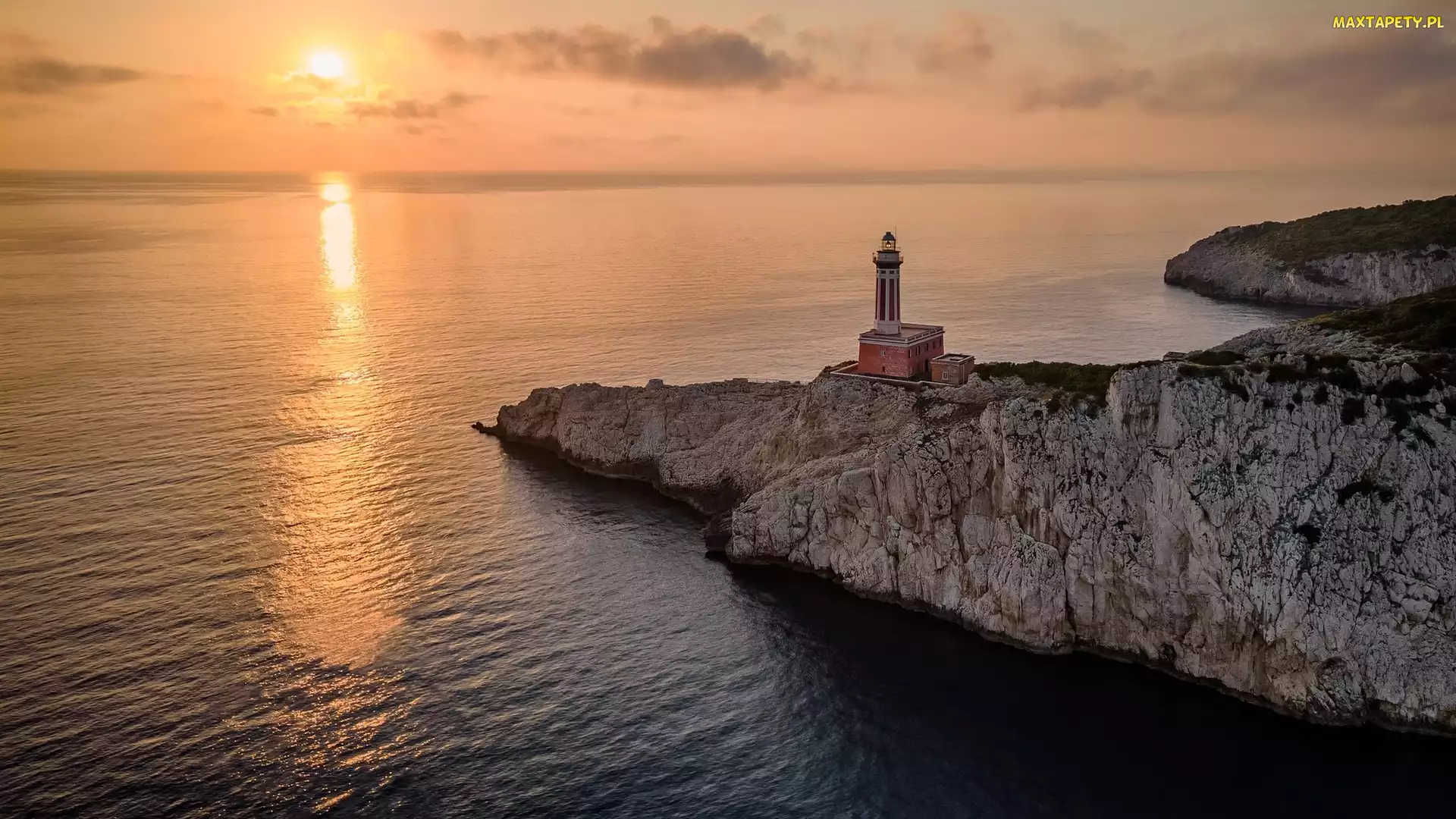 Anacapri, Wyspa Capri, Latarnia morska Punta Carena, Włochy, Skały, Zachód słońca, Morze