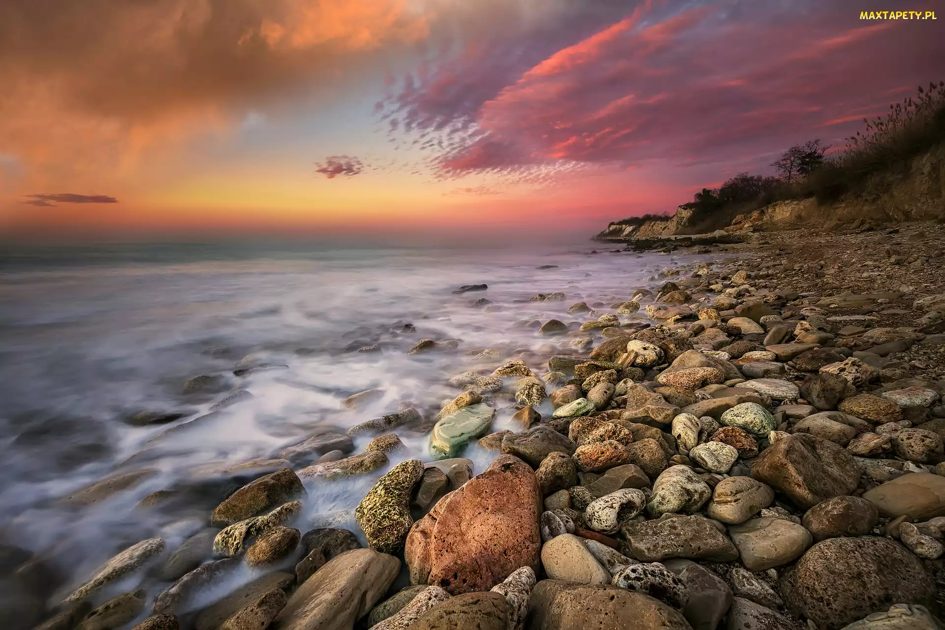 Wschód słońca, Kamienie, Morze, Plaża