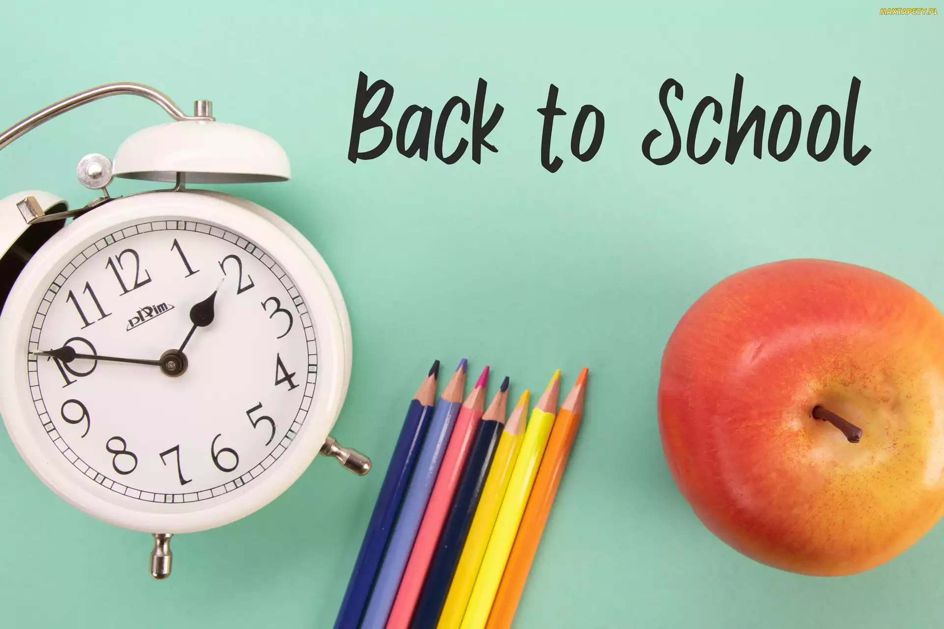 Back to School, Napis, Budzik, Zegar, Kredki, Jabłko
