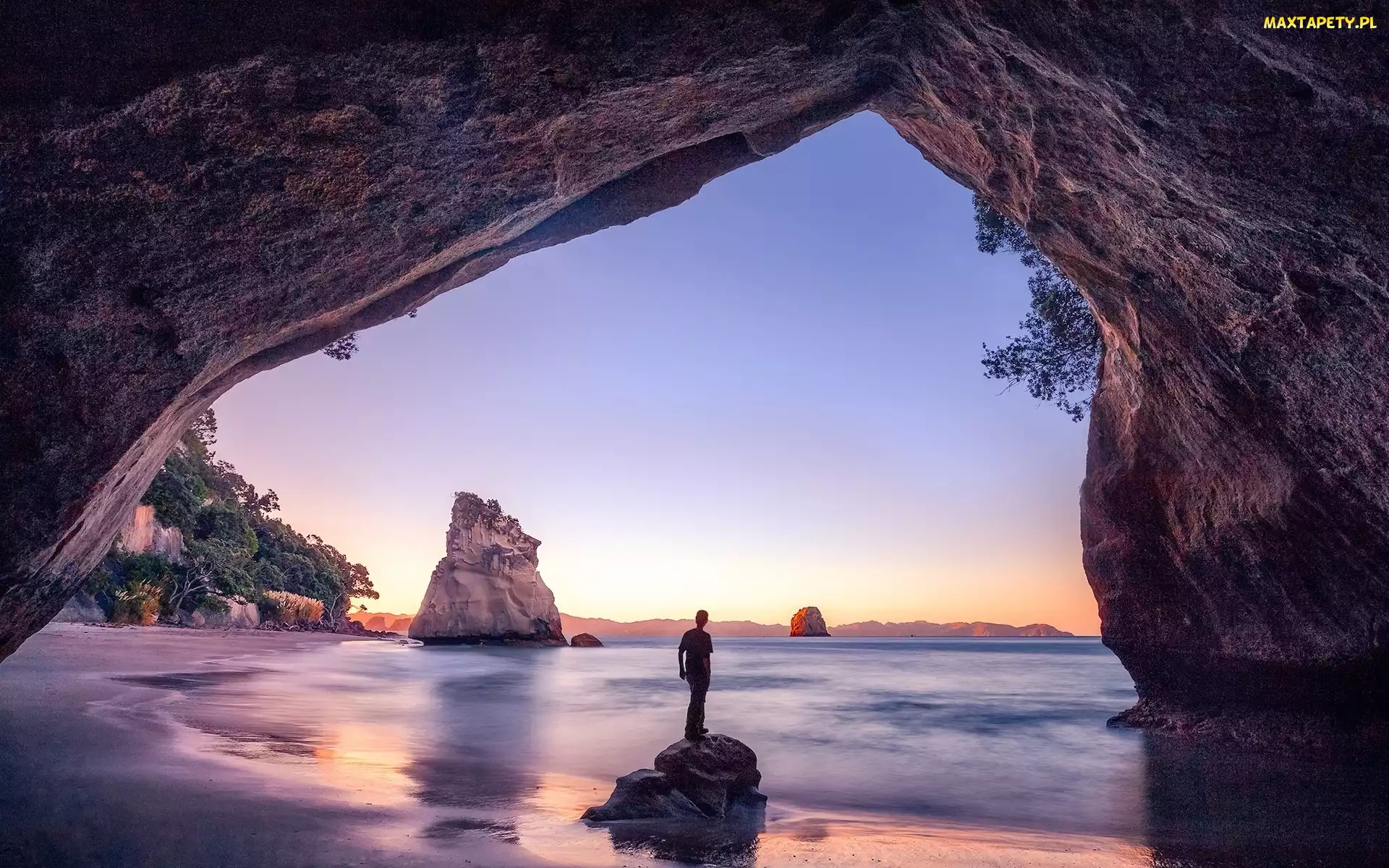Jaskinia, Skały, Cathedral Cove, Morze, Region Waikato, Człowiek, Nowa Zelandia, Półwysep Coromandel
