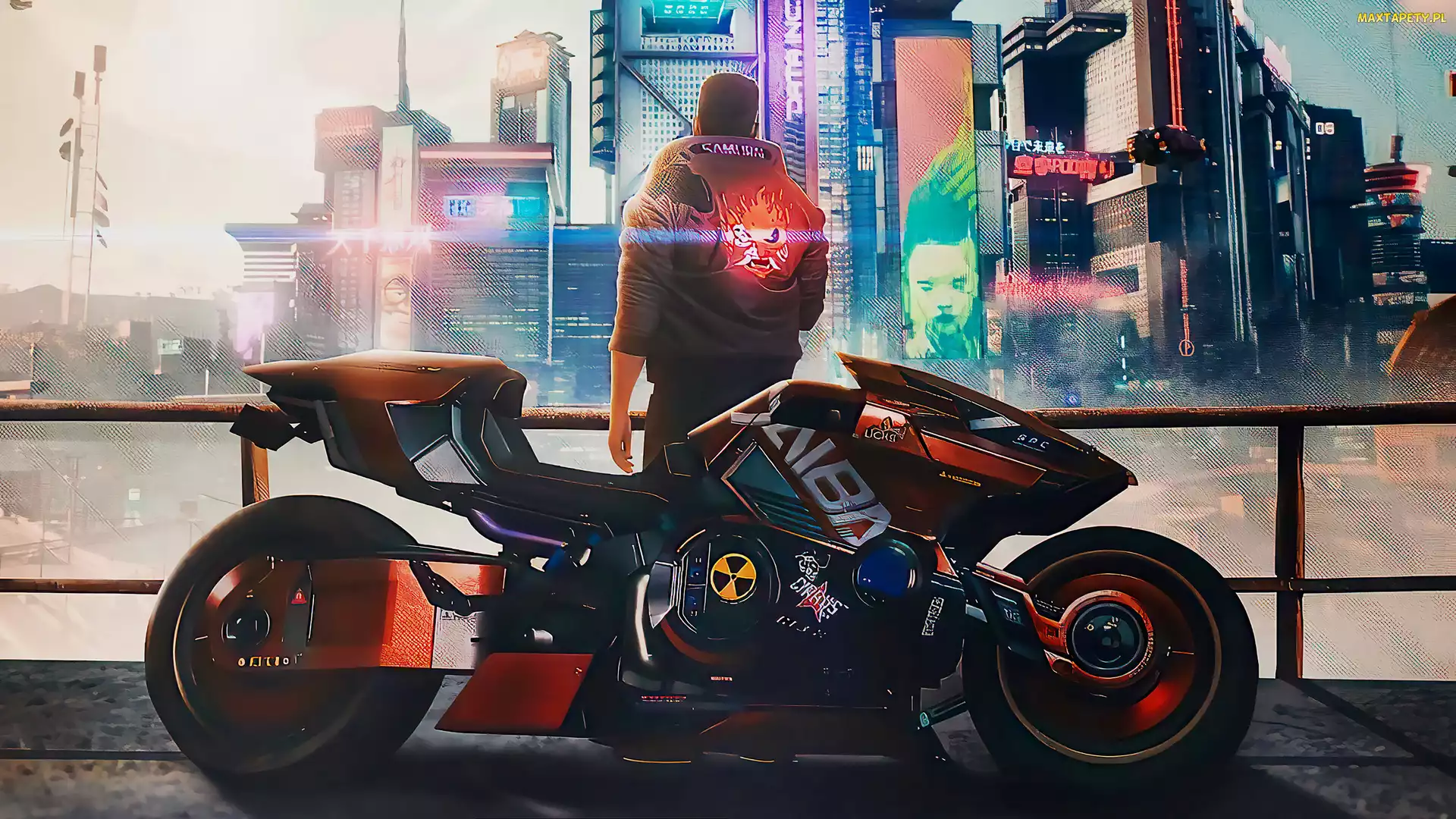 Domy, Motocykl, Cyberpunk 2077, Gra, Postać, Mężczyzna