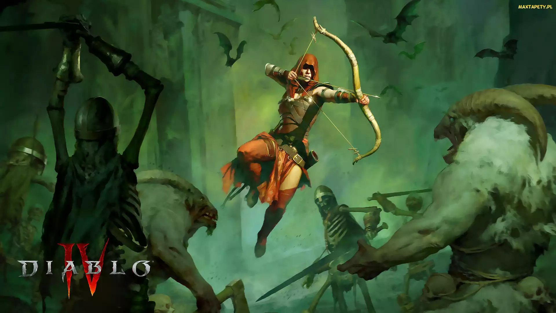 Skok, Walka, Gra, Łuczniczka, Szkielety, Plakat, Diablo IV, Potwory, Łuk, Postacie, Łotrzyca