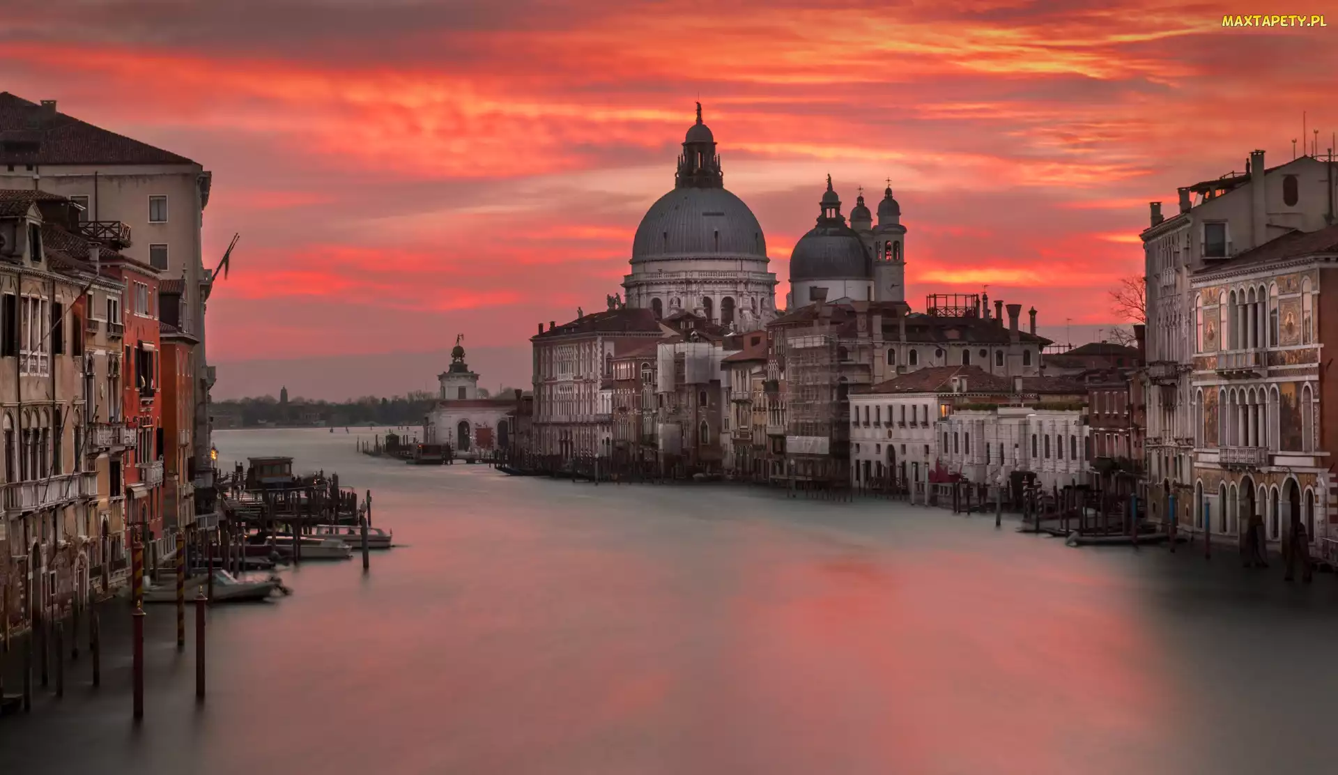 Wenecja, Wschód słońca, Poranek, Włochy, Niebo, Łodzie, Canal Grande, Budynki, Katedra