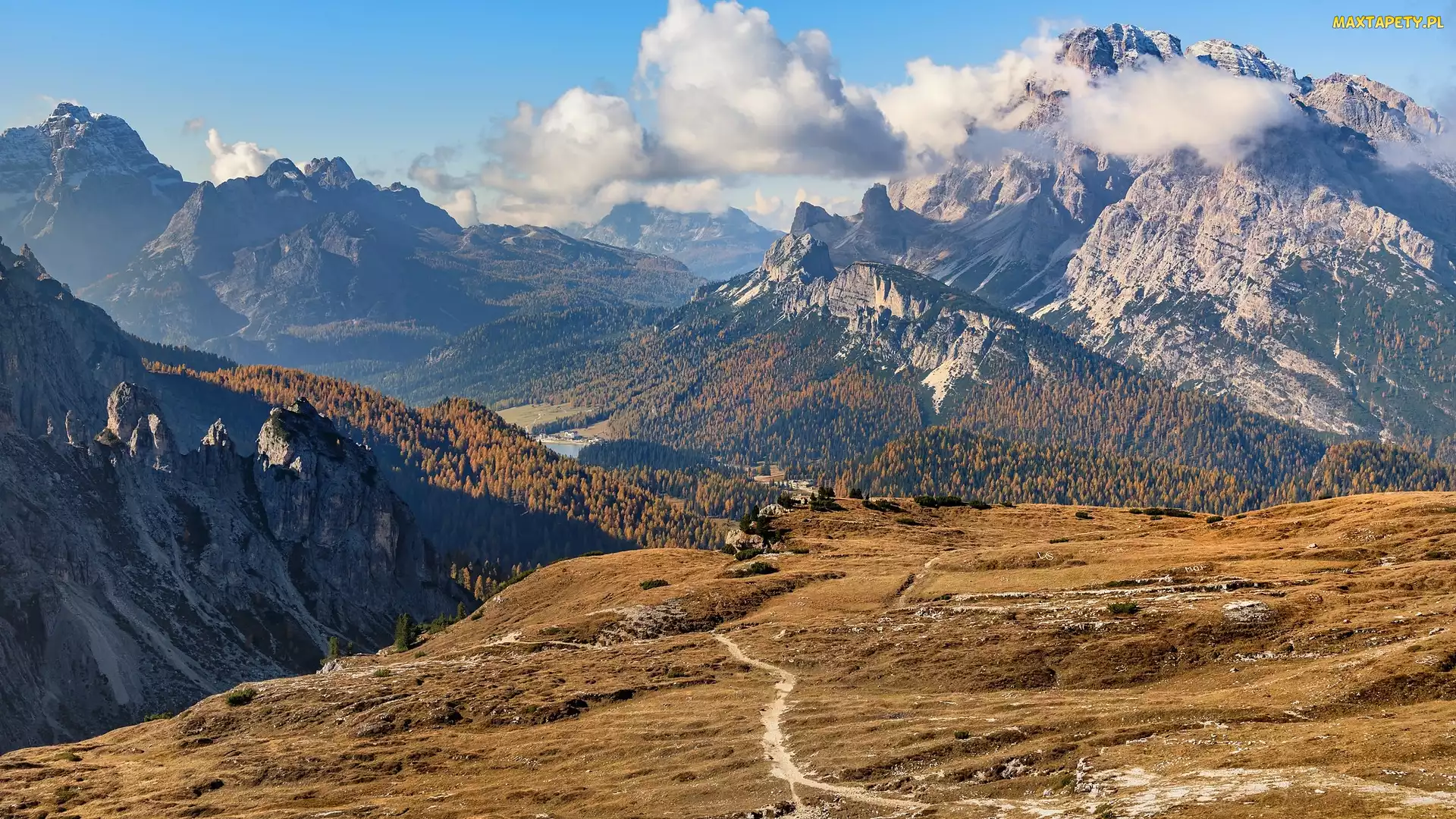 Dolomity, Ścieżka, Góry, Misurina Lake, Chmury, Jezioro, Włochy, Drzewa