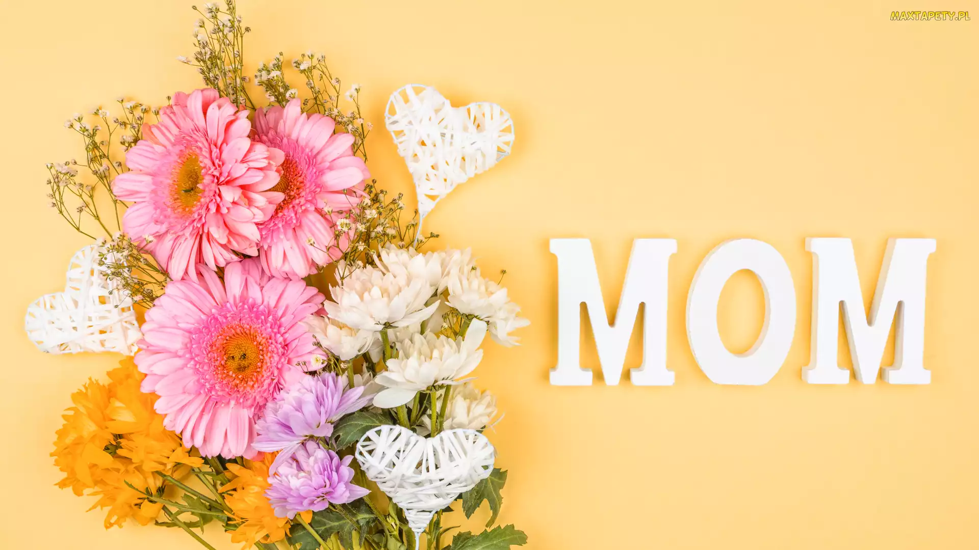 Mom, Napis, Kolorowe, Dzień Matki, Serduszka, Kwiaty, Gerbery
