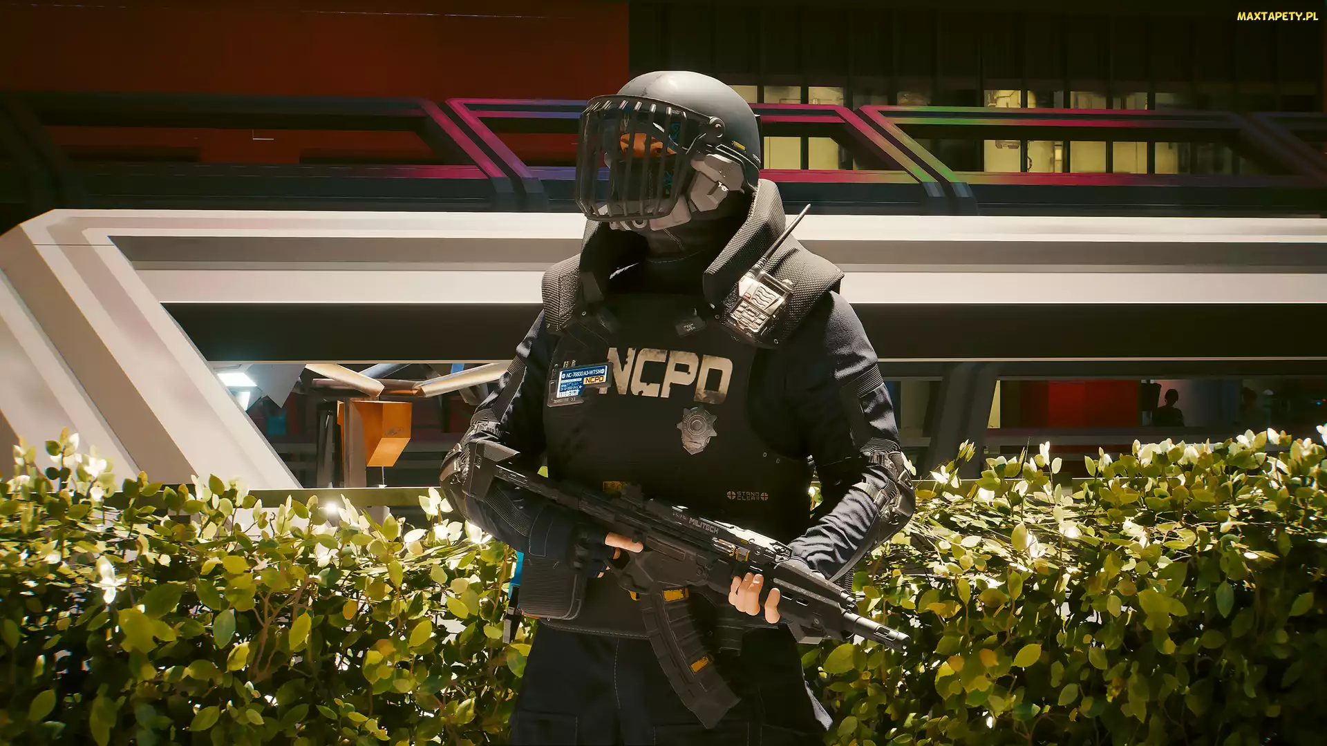 Hełm, Broń, Cyberpunk 2077, Kamizelka, Policjant, Gra, Postać